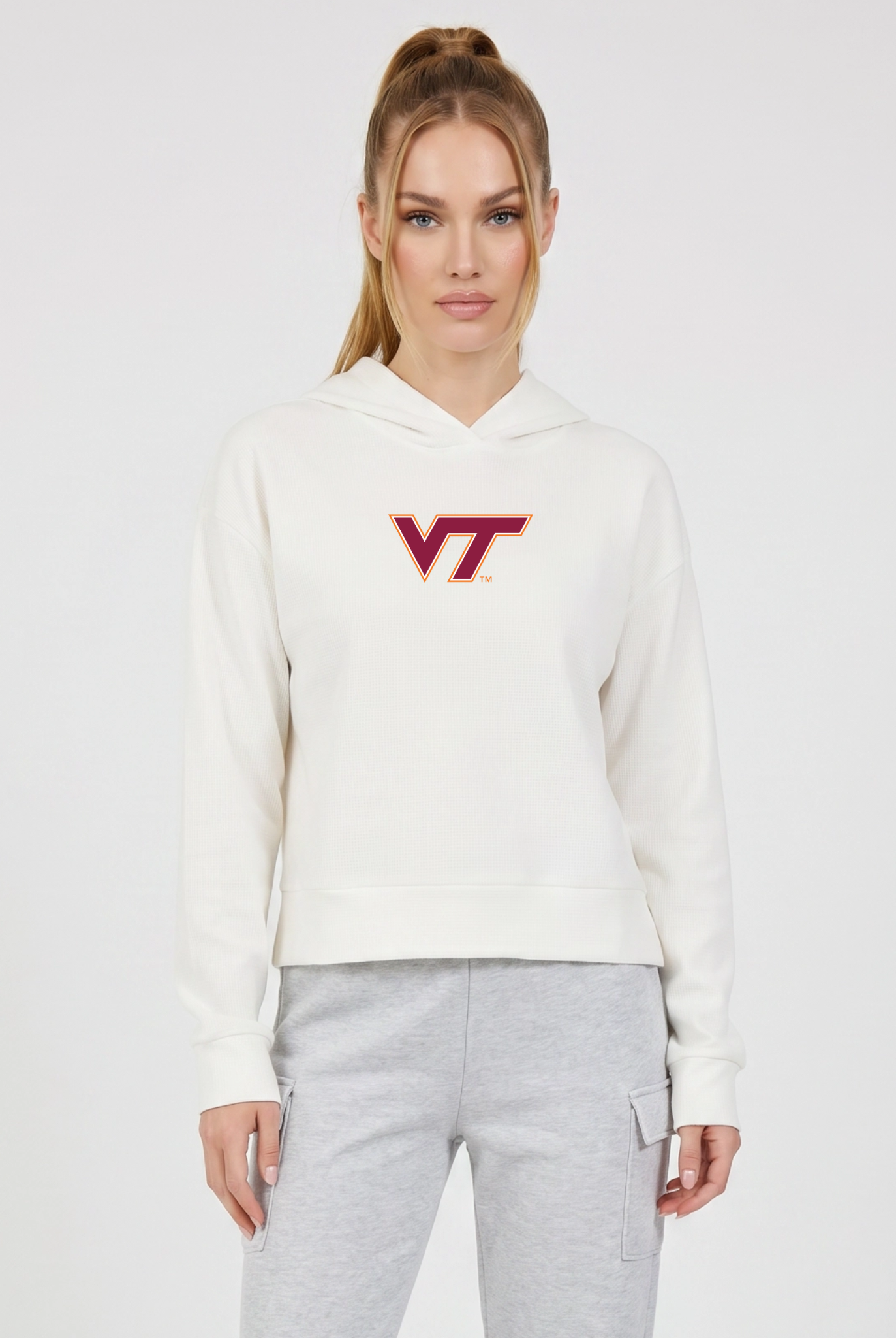 Kadi Relaxed Fit Waffle Hoodie Coconut Cream Virginia Tech