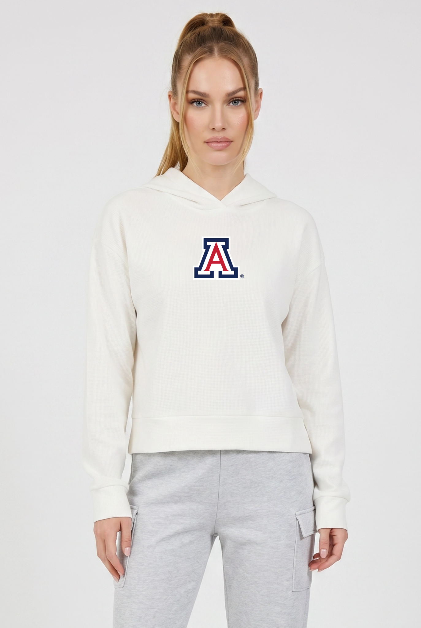 Arizona Kadi Relaxed Fit Waffle Hoodie, Coconut Cream – waffle knit texture, breathable relaxed fit, front view
