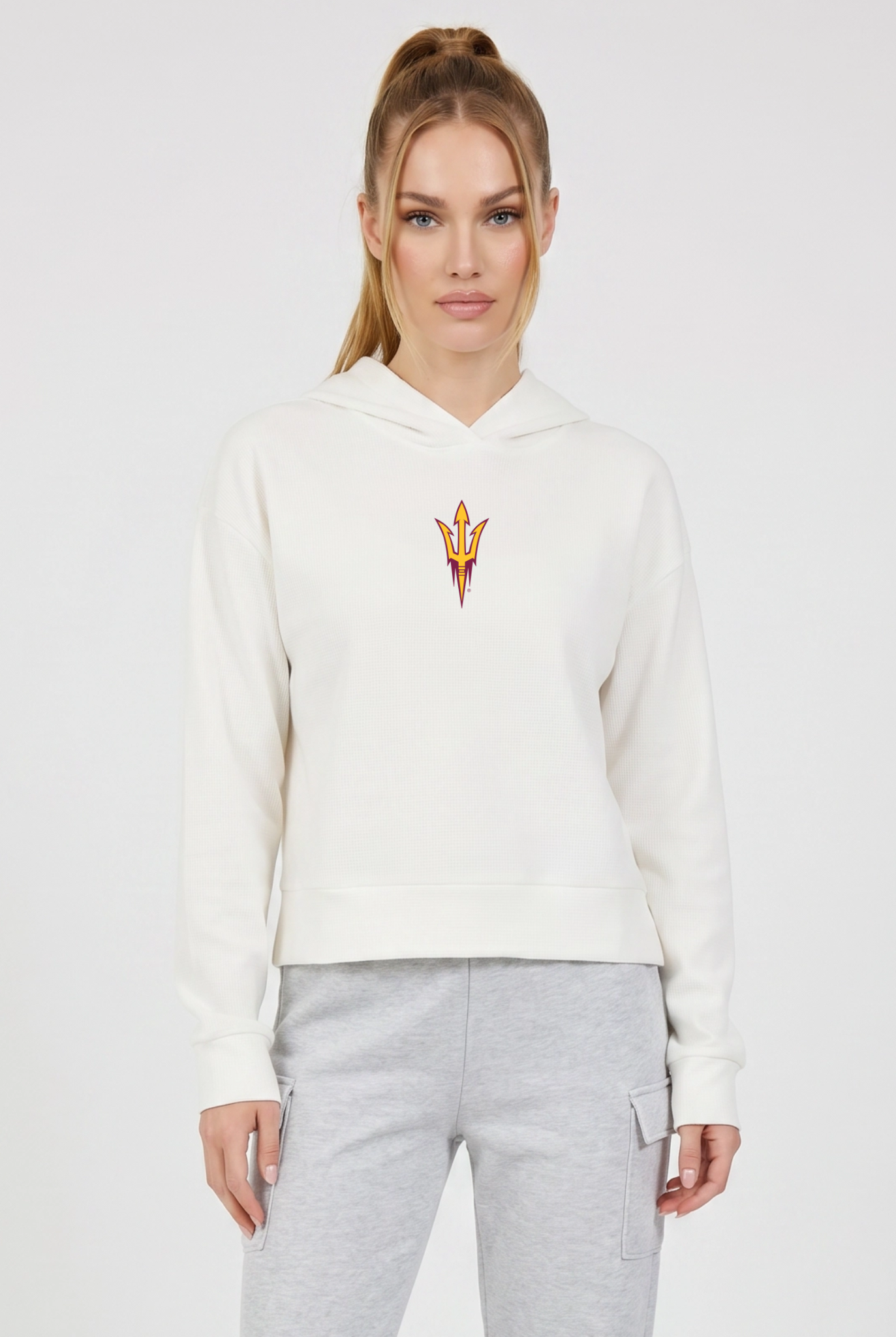 Arizona State Kadi Relaxed Fit Waffle Hoodie, Coconut Cream – waffle knit texture, breathable relaxed fit, front view