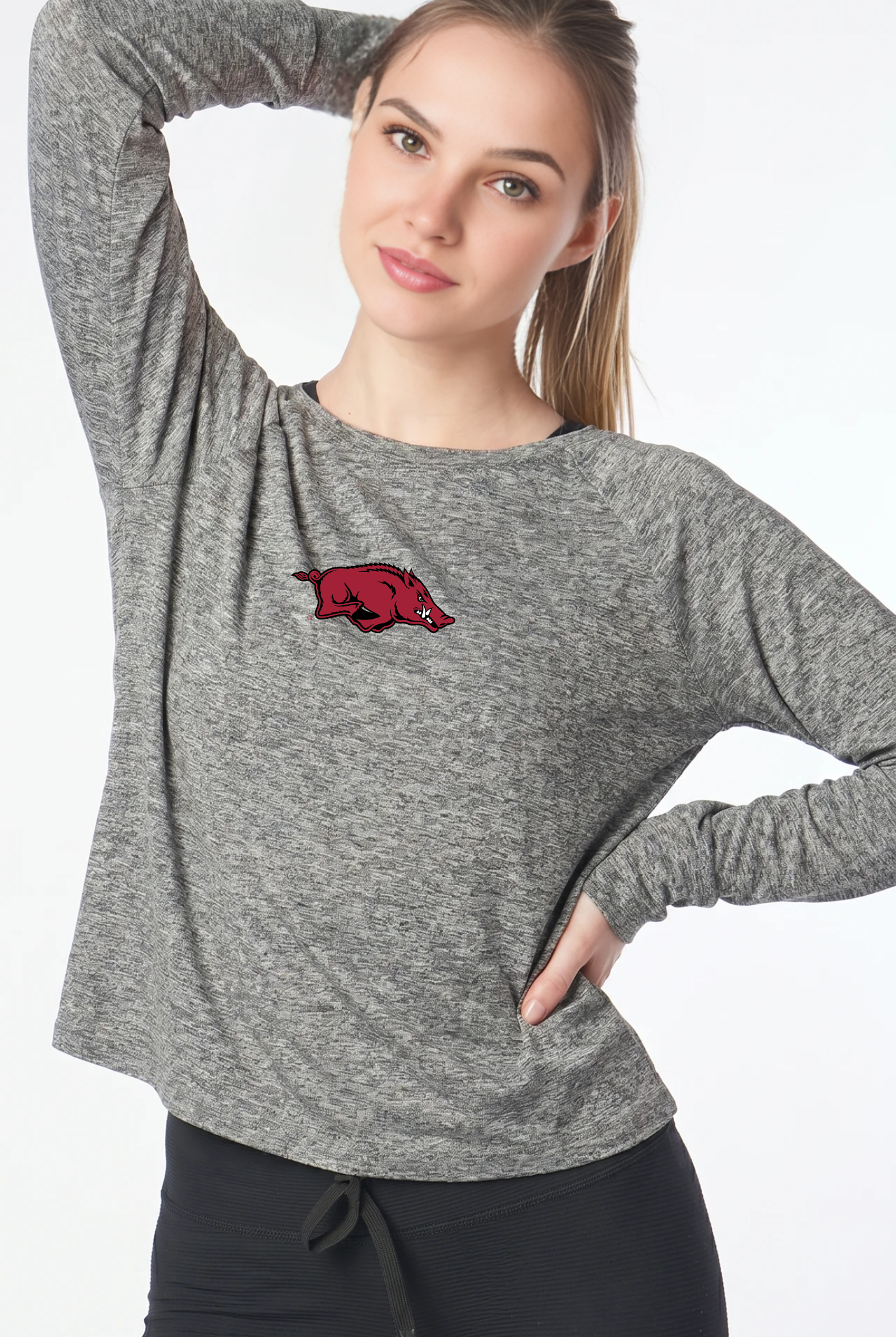 Arkansas Kadi Raglan Long Sleeve, Heather Grey – athletic-inspired raglan sleeve construction, styled view