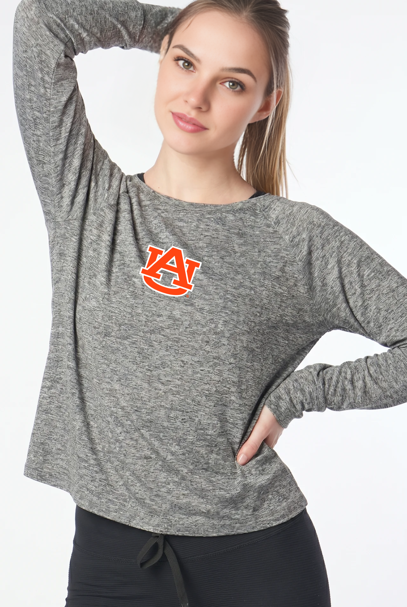 Auburn Kadi Raglan Long Sleeve, Heather Grey – cropped raglan long sleeve with officially licensed team logo on upper chest, alternate angle