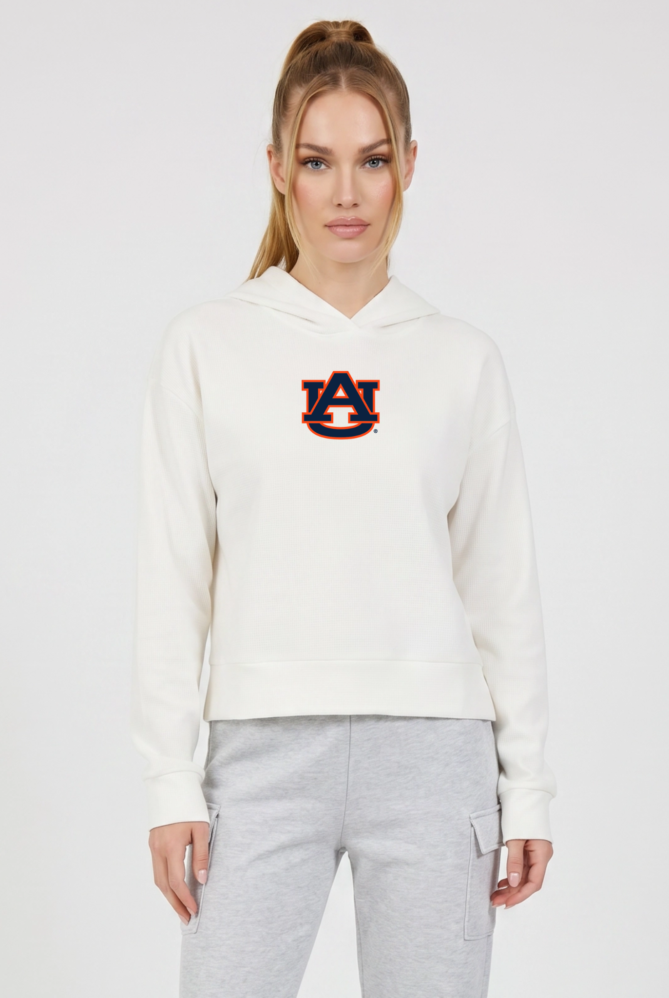 Auburn Kadi Relaxed Fit Waffle Hoodie, Coconut Cream – waffle knit texture, breathable relaxed fit, front view