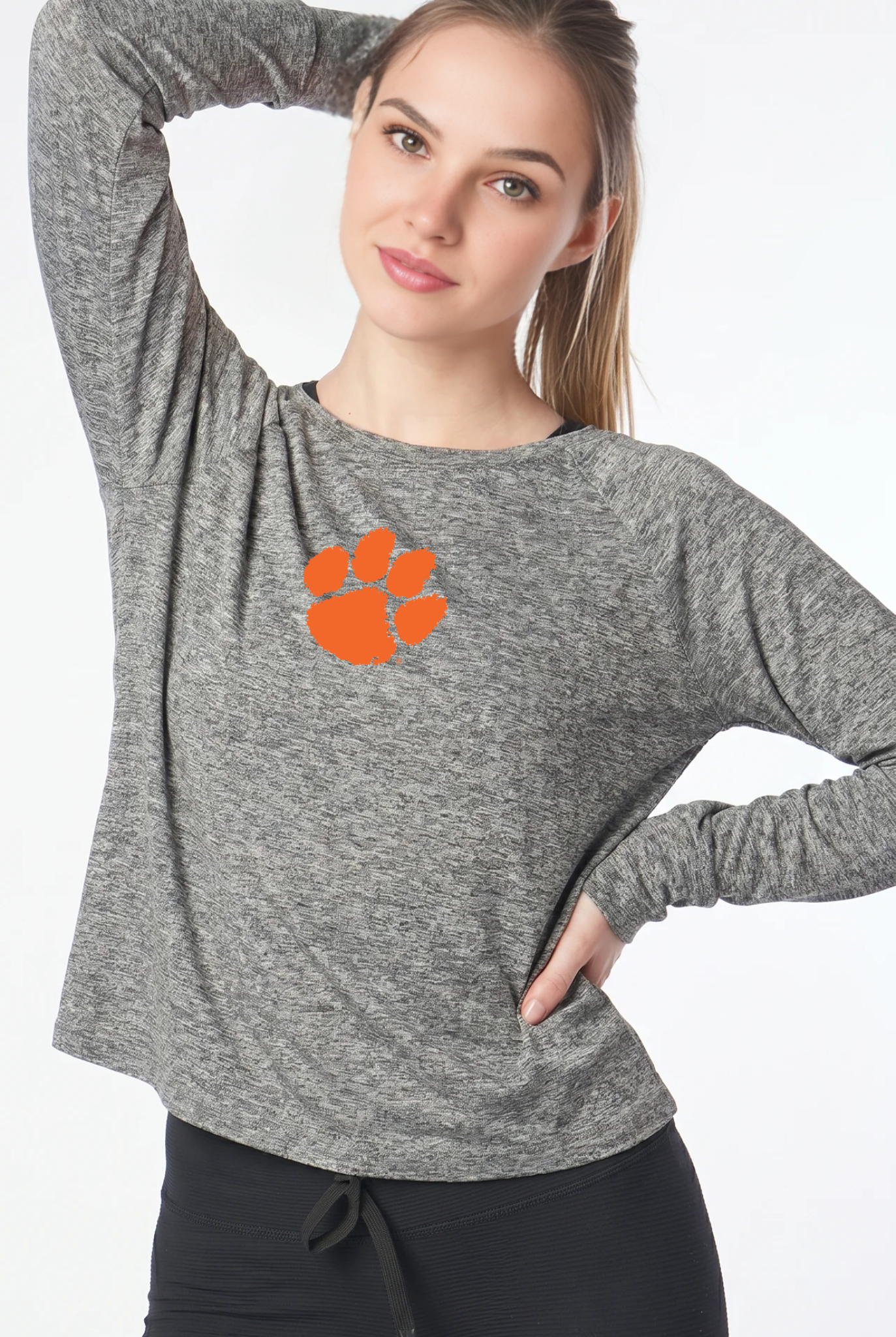 Clemson Kadi Raglan Long Sleeve, Heather Grey – cropped raglan long sleeve with officially licensed team logo on upper chest, front view