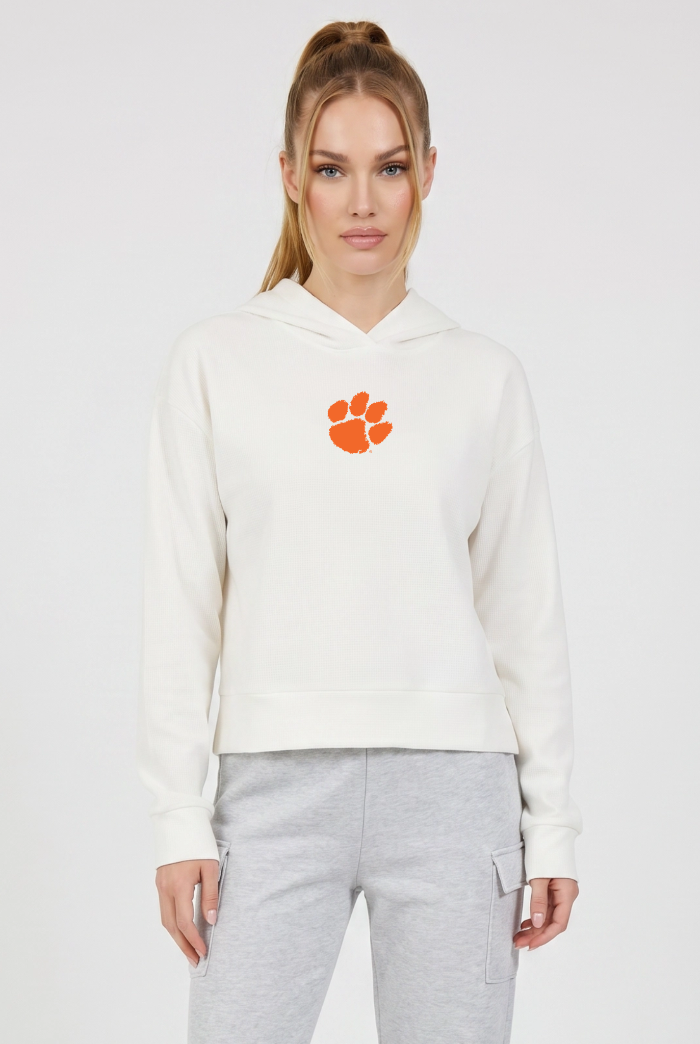 Clemson Kadi Relaxed Fit Waffle Hoodie, Coconut Cream – waffle knit texture, breathable relaxed fit, front view