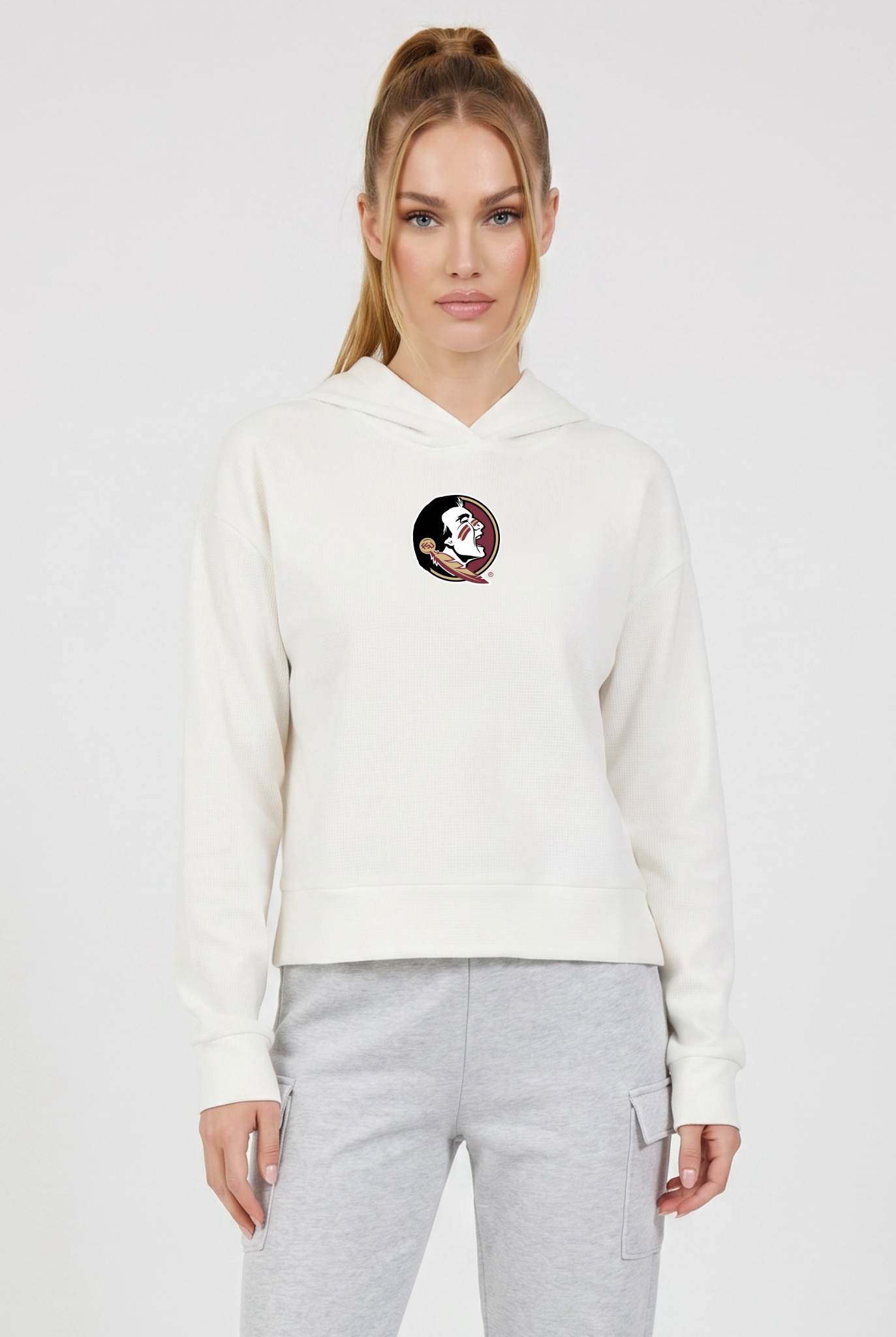Florida State Kadi Relaxed Fit Waffle Hoodie, Coconut Cream – waffle knit texture, breathable relaxed fit, front view