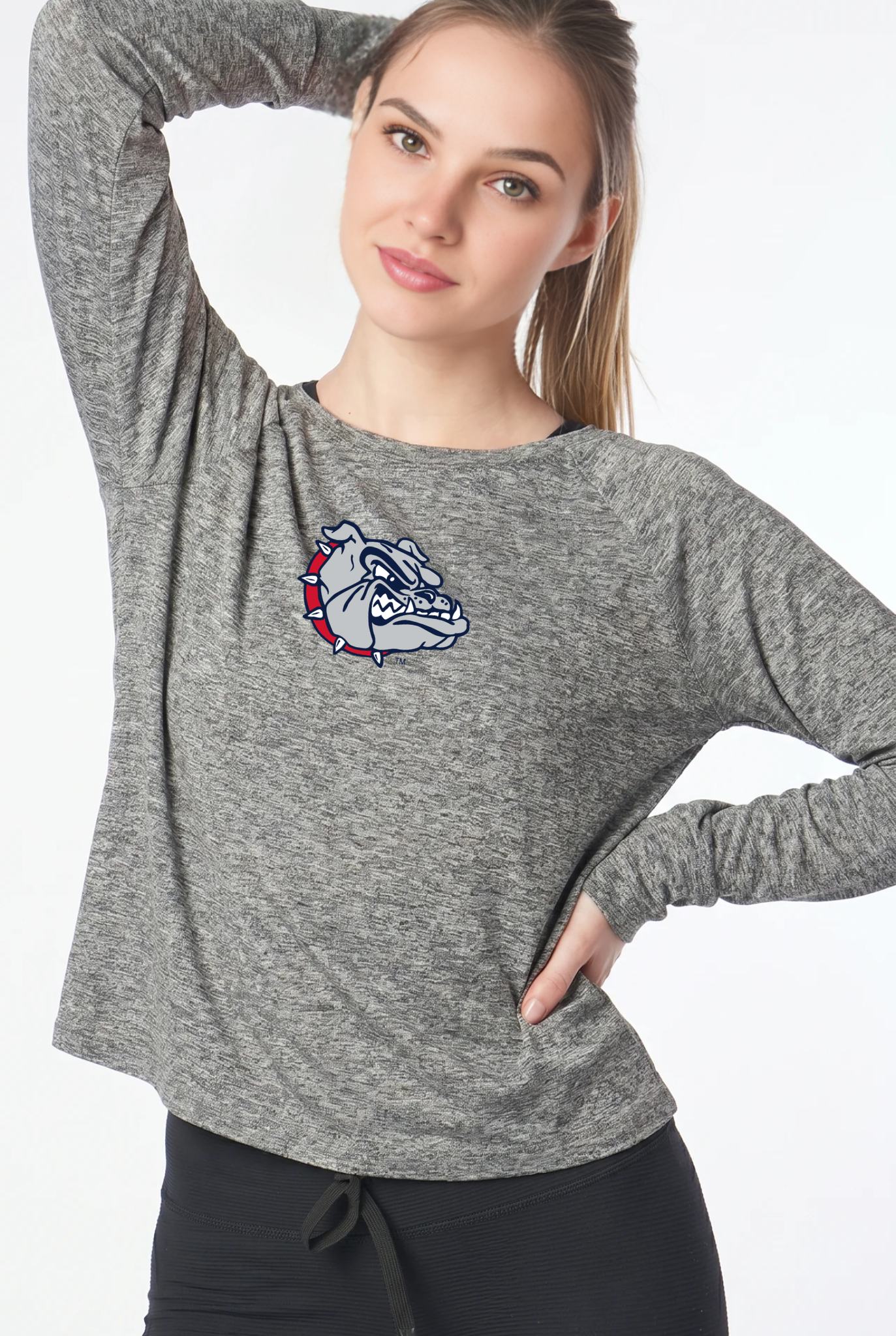 Gonzaga Kadi Raglan Long Sleeve, Heather Grey – cropped raglan long sleeve with officially licensed team logo on upper chest, front view