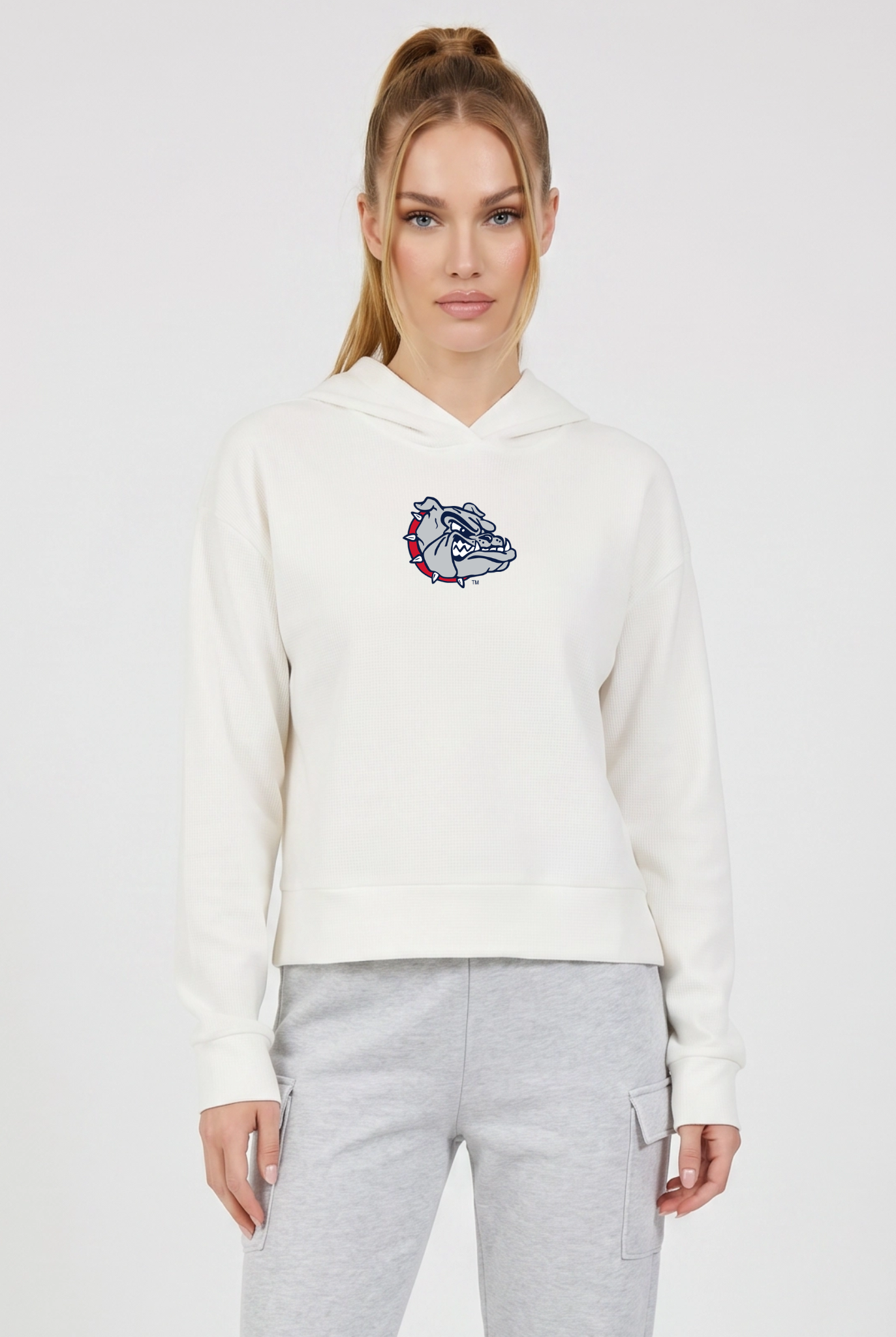 Gonzaga Kadi Relaxed Fit Waffle Hoodie, Coconut Cream – waffle knit texture, breathable relaxed fit, front view