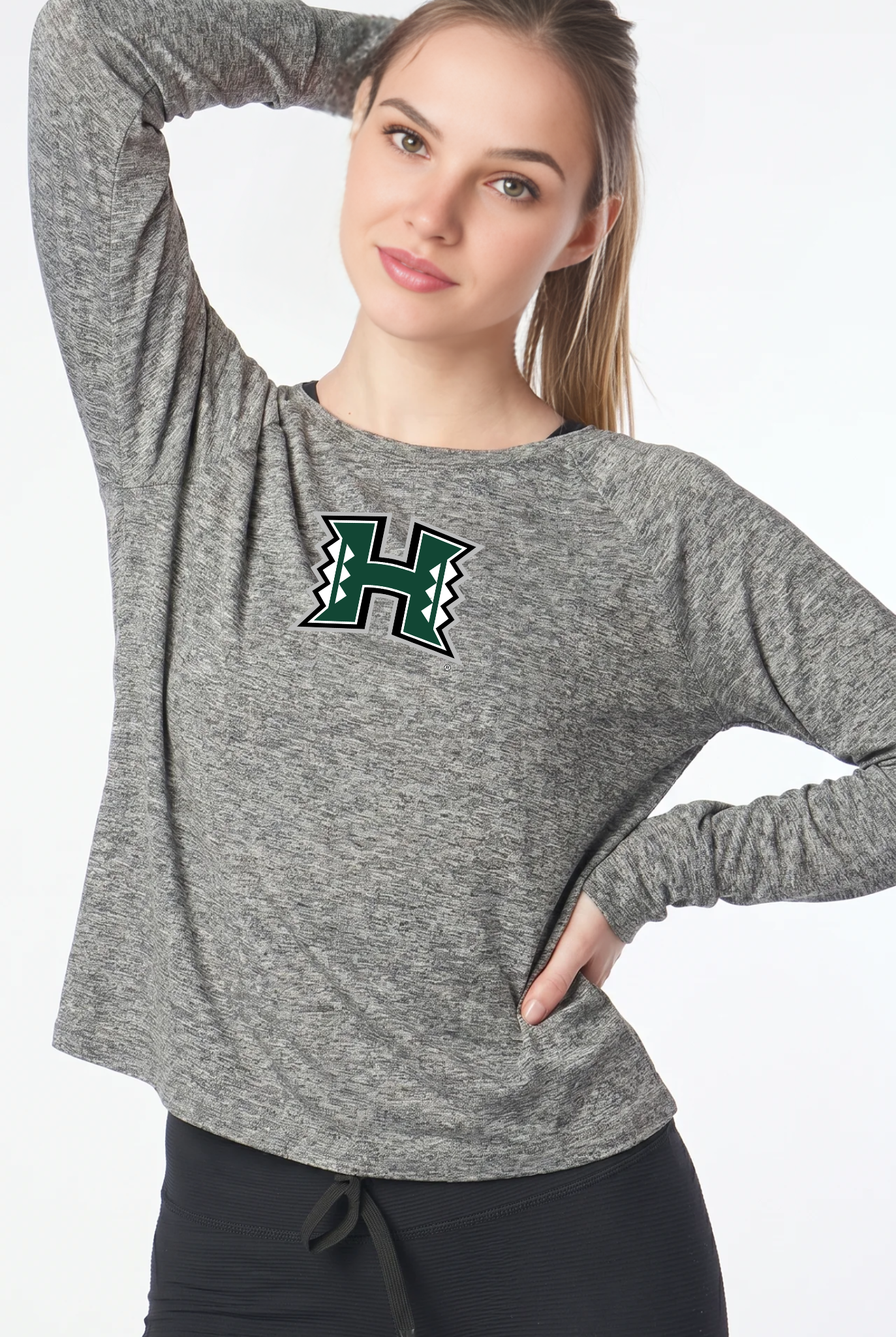Hawaii Kadi Raglan Long Sleeve, Heather Grey – cropped raglan long sleeve with officially licensed team logo on upper chest, front view