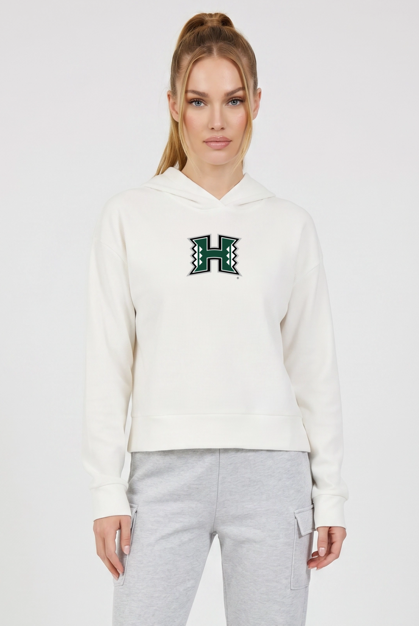 Hawaii Kadi Relaxed Fit Waffle Hoodie, Coconut Cream – waffle knit texture, breathable relaxed fit, front view