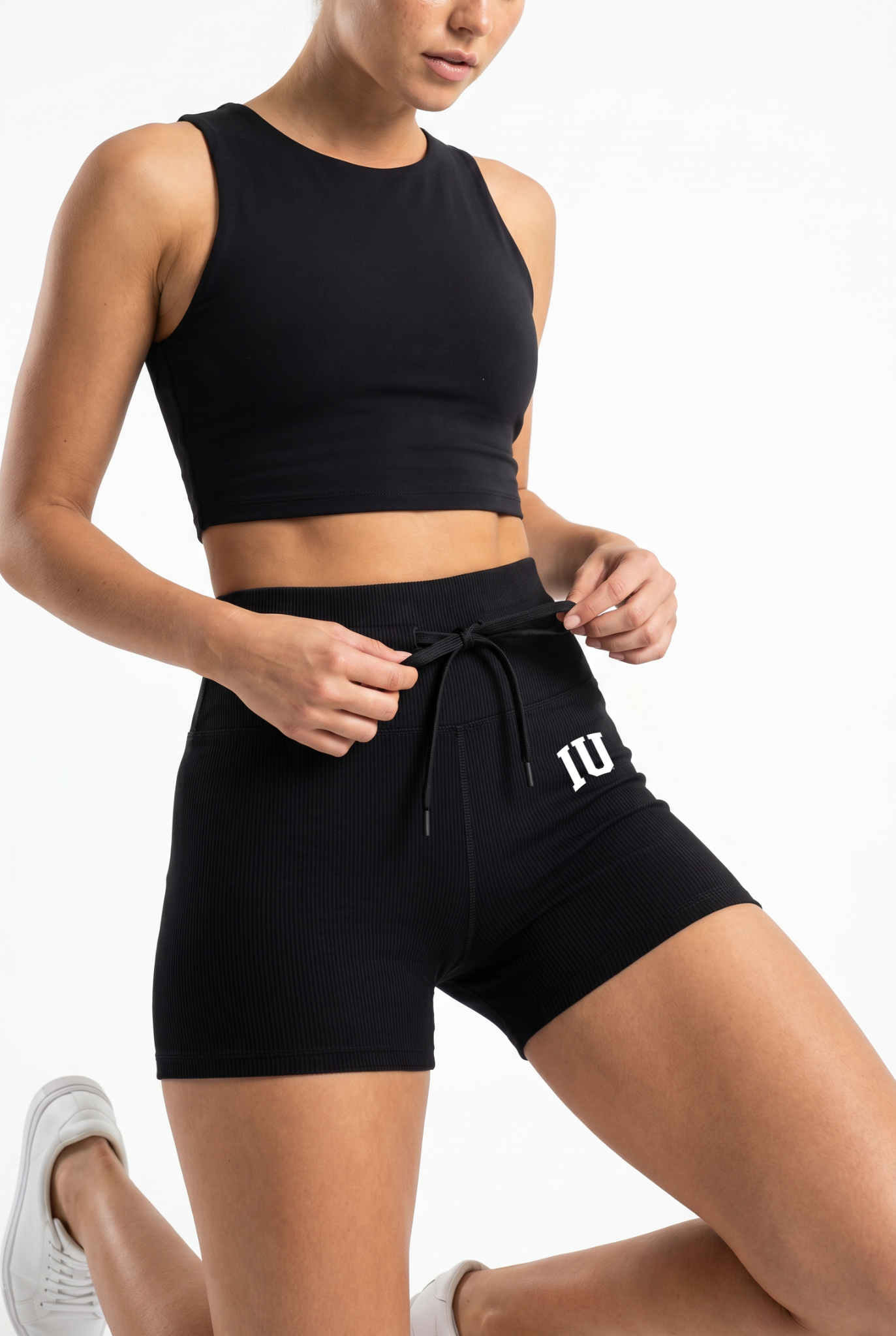Indiana Kadi 2x2 Rib Tie Shorts, Black – ribbed texture with functional drawstring, alternate angle