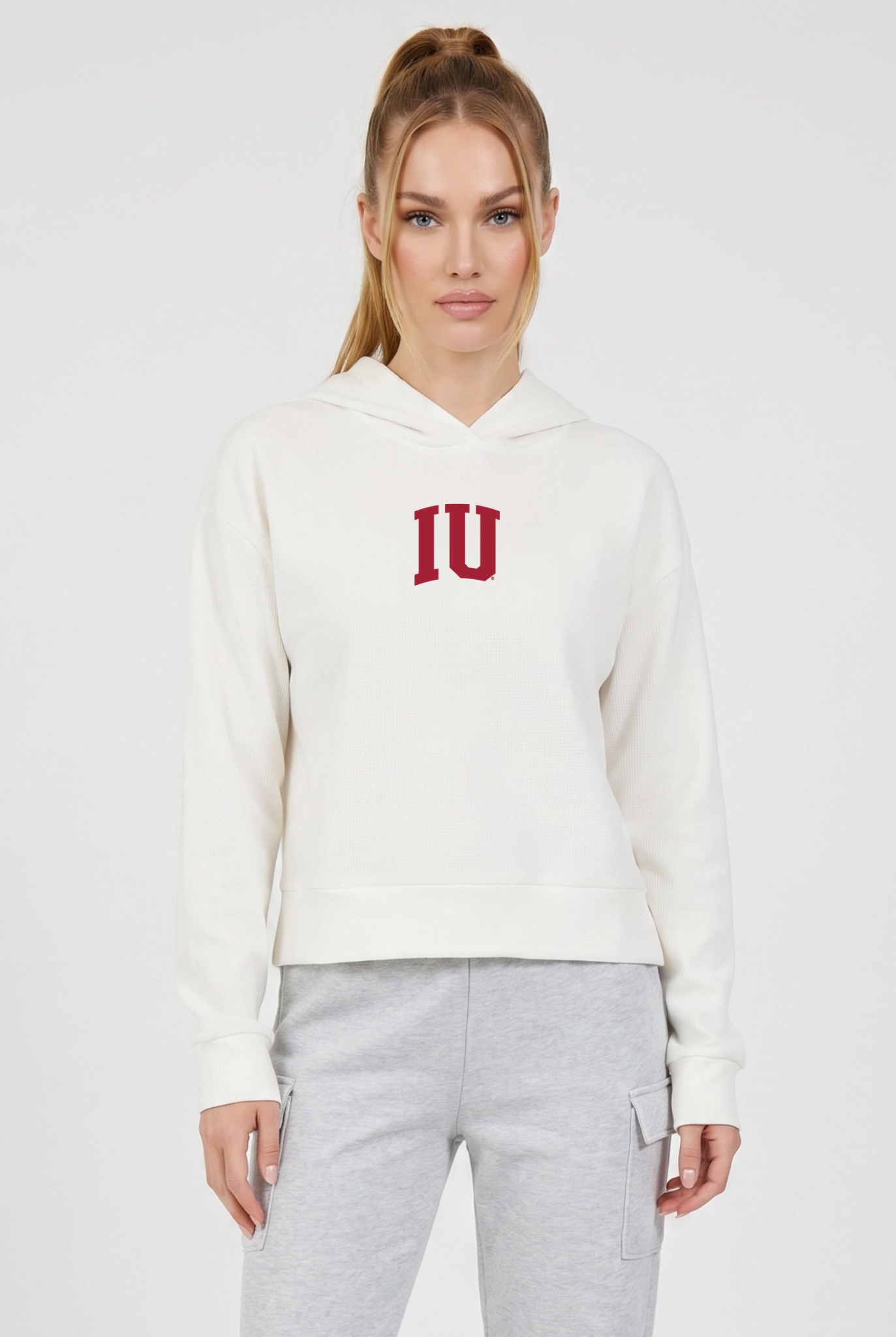 Indiana Kadi Relaxed Fit Waffle Hoodie, Coconut Cream – waffle knit texture, breathable relaxed fit, front view