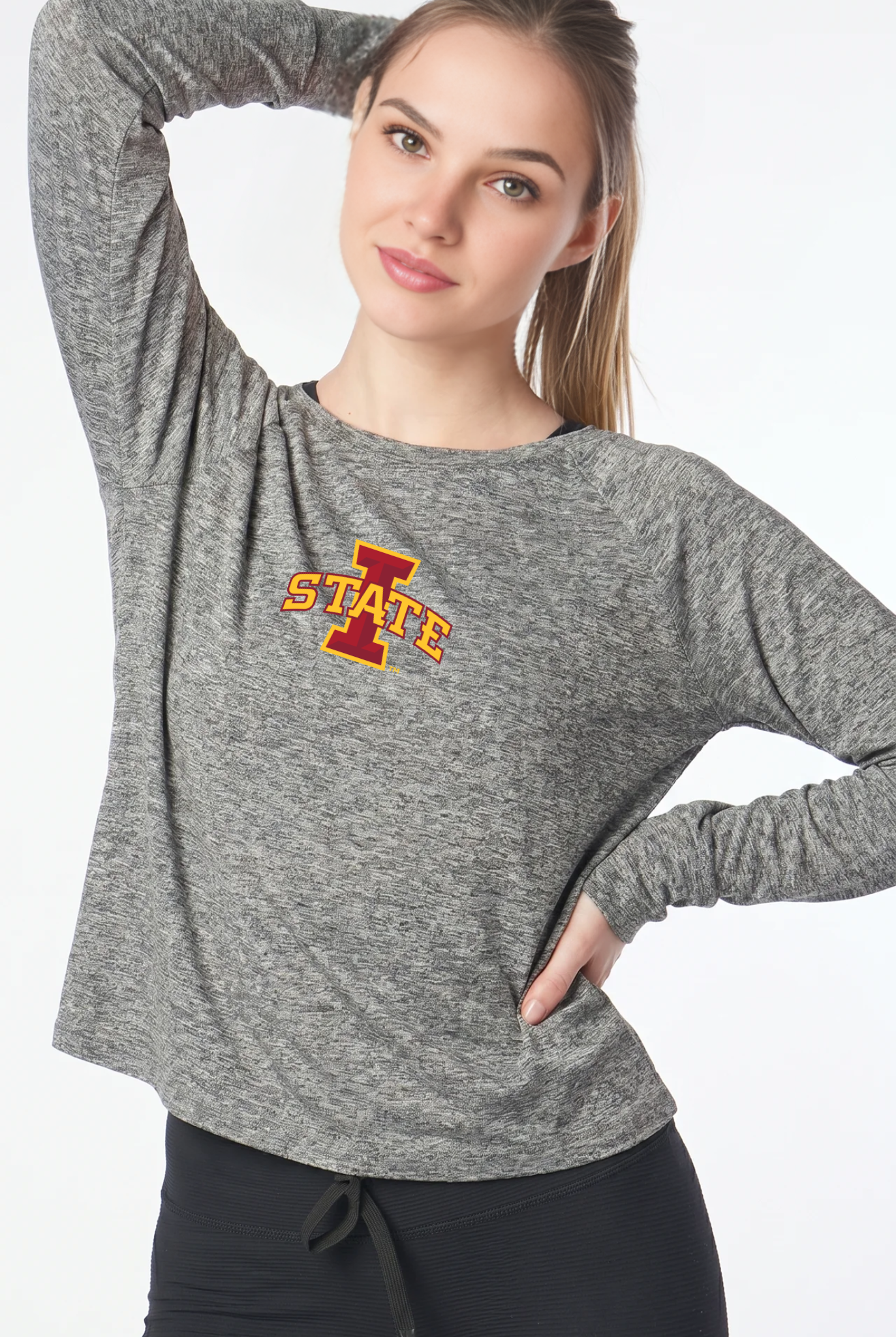 Iowa State Kadi Raglan Long Sleeve, Heather Grey – cropped raglan long sleeve with officially licensed team logo on upper chest, front view