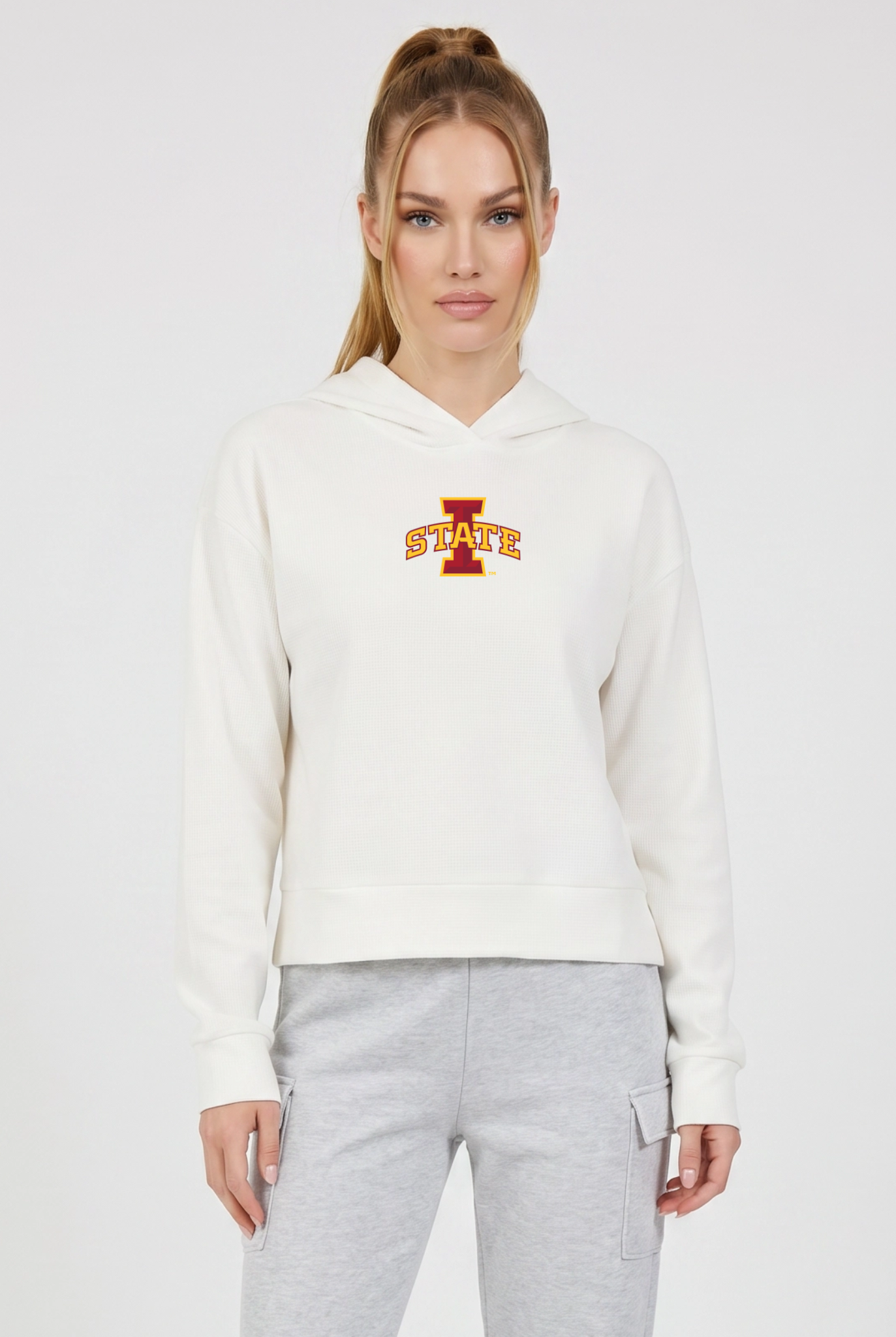 Iowa State Kadi Relaxed Fit Waffle Hoodie, Coconut Cream – waffle knit texture, breathable relaxed fit, front view
