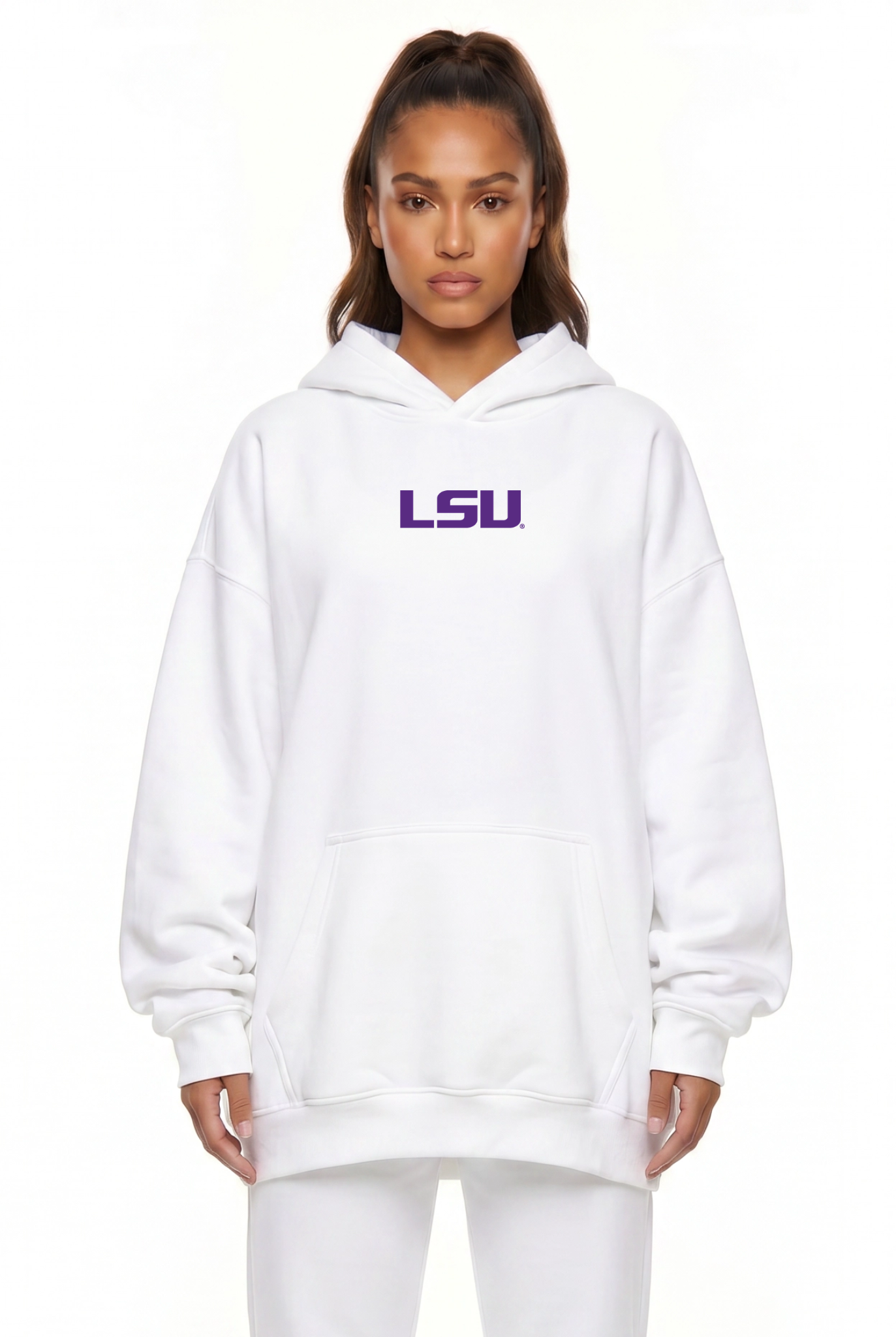 LSU Kadi Oversized Zipper Pocket Hoodie, Athletic Heather Grey colorway – styled view