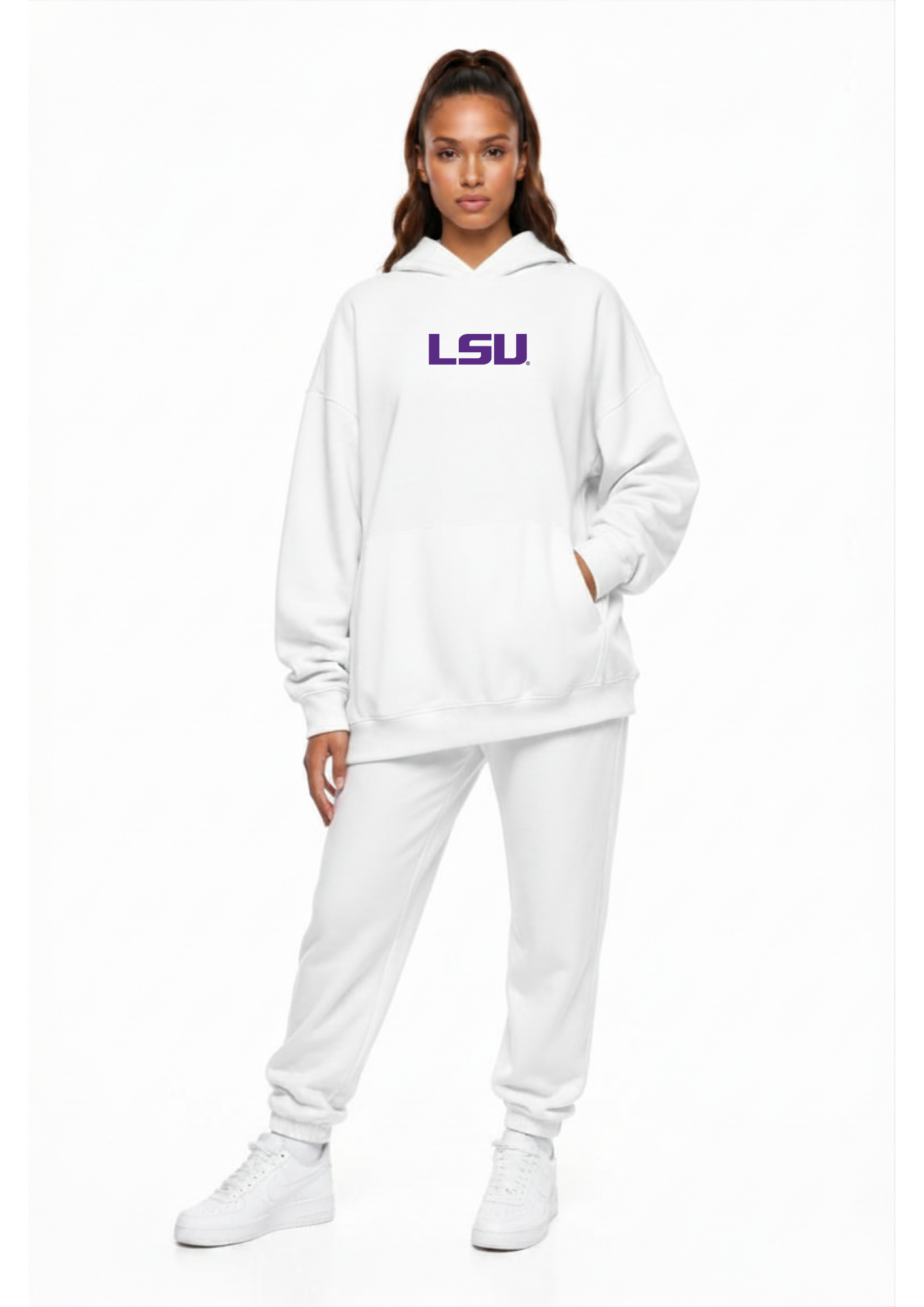 LSU Kadi Oversized Zipper Pocket Hoodie, White colorway – oversized fit with two functional front zipper pockets
