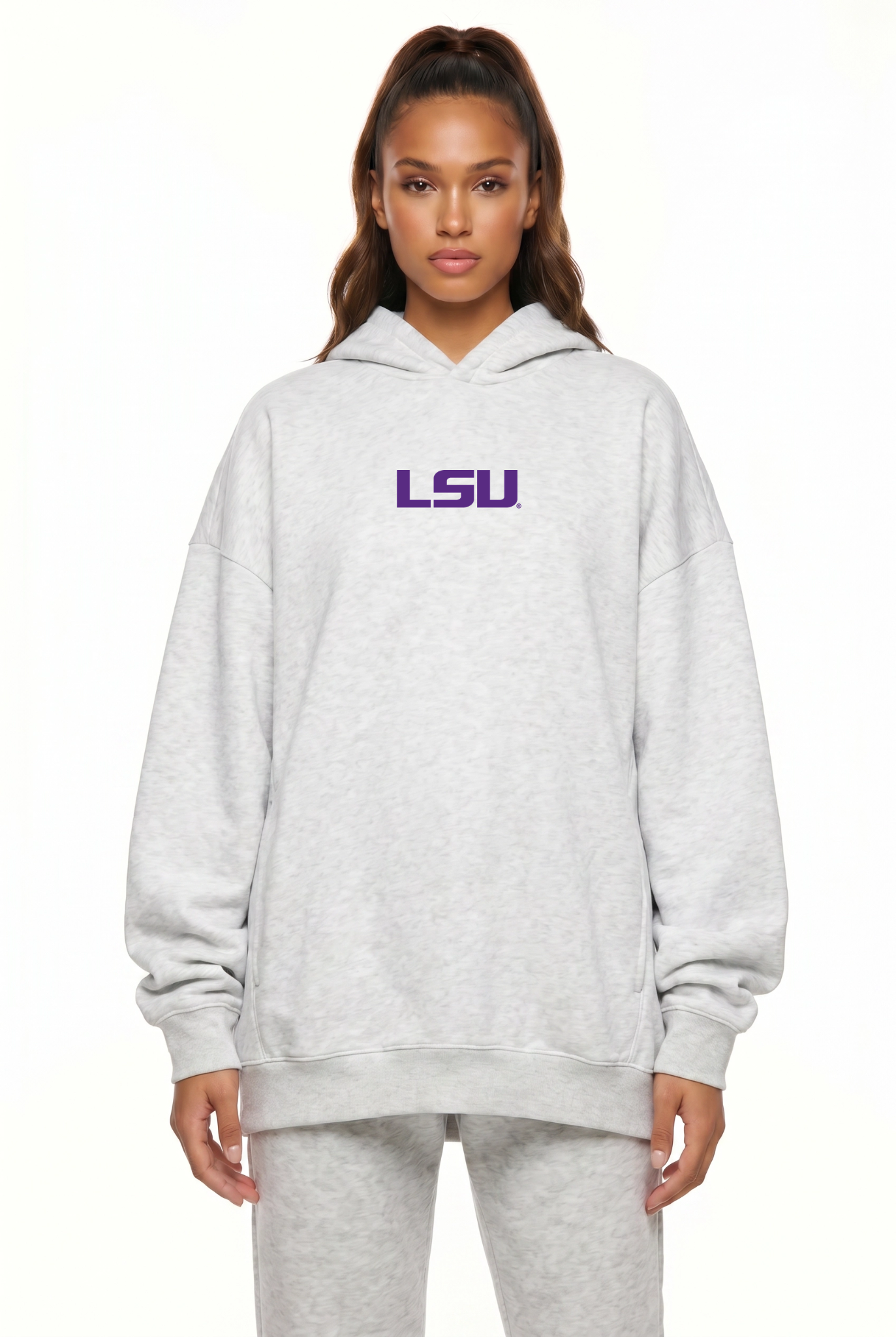 LSU Kadi Oversized Zipper Pocket Hoodie, White colorway – styled view