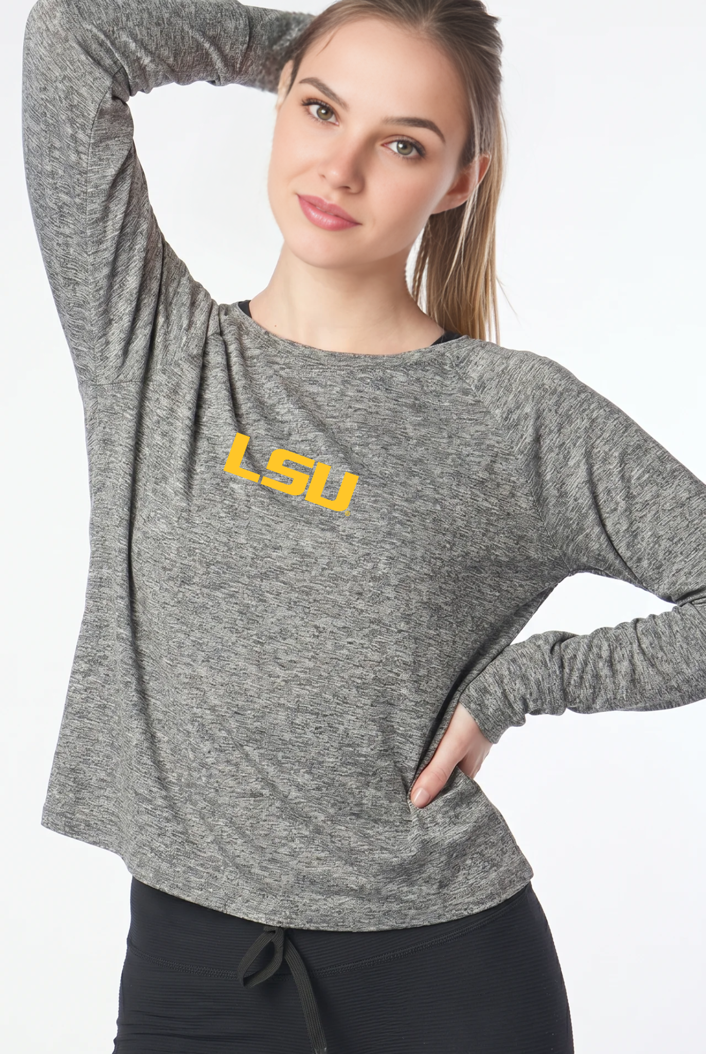 LSU Kadi Raglan Long Sleeve, Heather Grey – athletic-inspired raglan sleeve construction, alternate angle