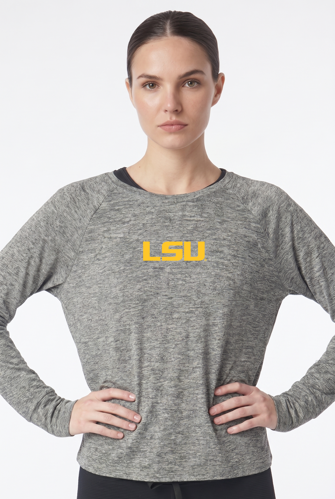 LSU Kadi Raglan Long Sleeve, Heather Grey – cropped raglan long sleeve with officially licensed team logo on upper chest, front view