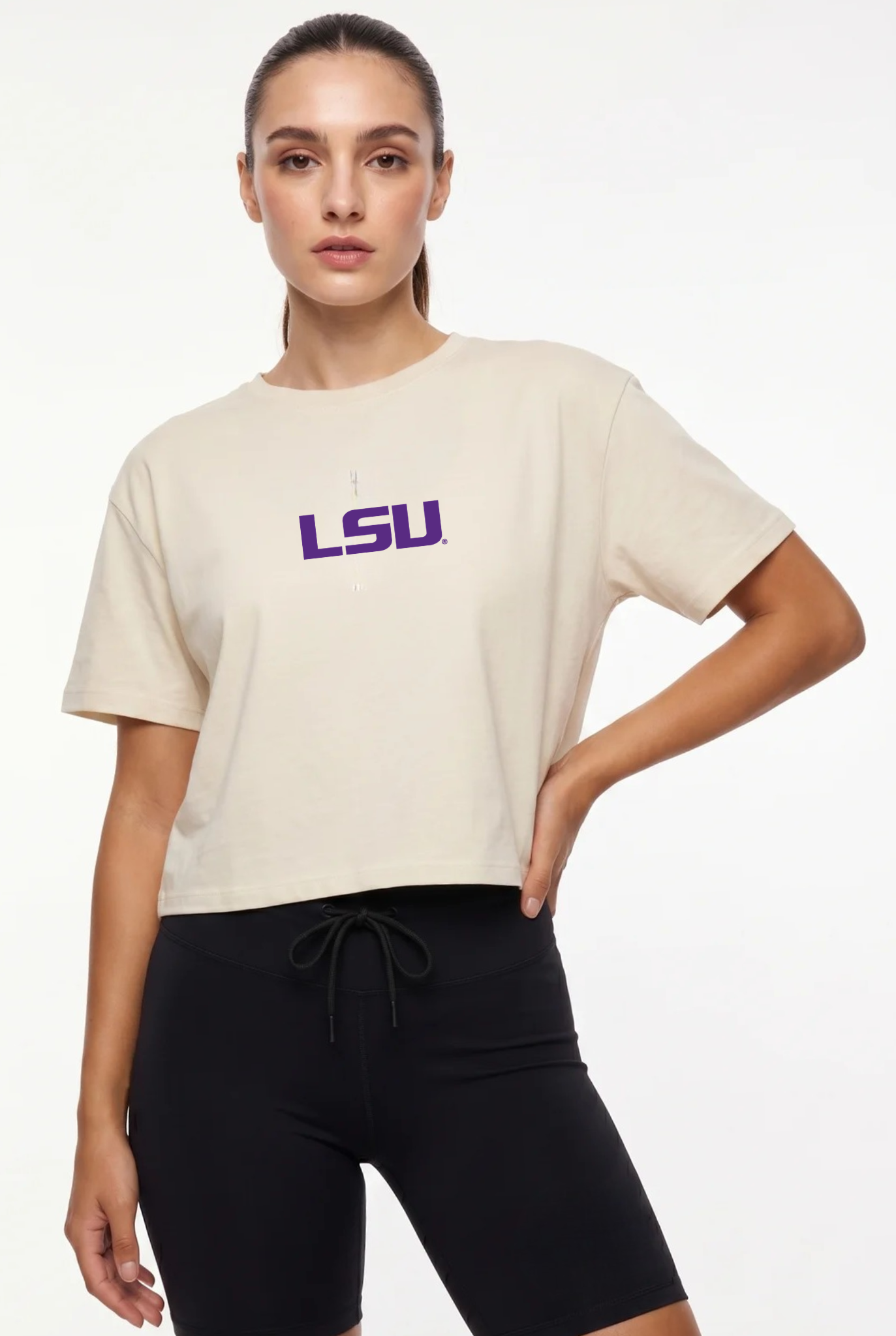 LSU Kadi Turnout Tee, Bone colorway – modern fit tee, styled view