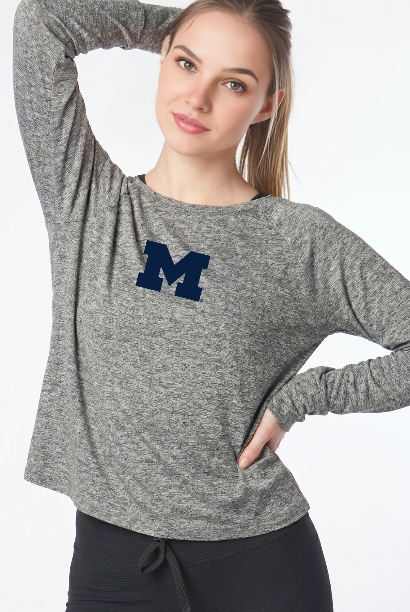 Michigan Kadi Raglan Long Sleeve, Heather Grey – cropped raglan long sleeve with officially licensed team logo on upper chest, front view