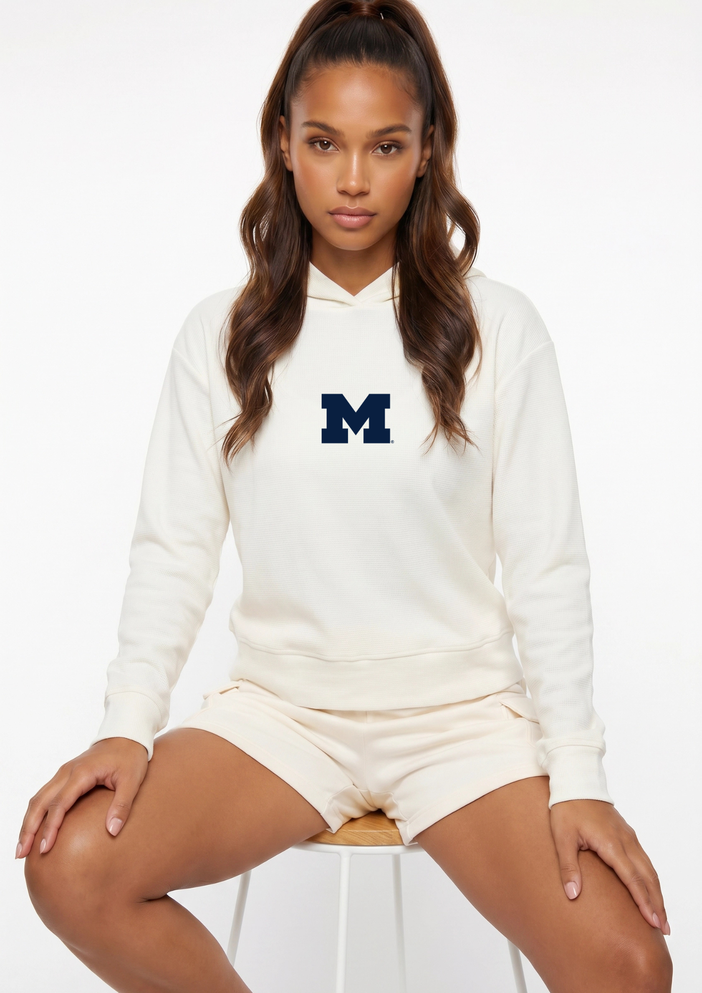 Michigan Kadi Relaxed Fit Waffle Hoodie, Coconut Cream – true to size fit, styled view