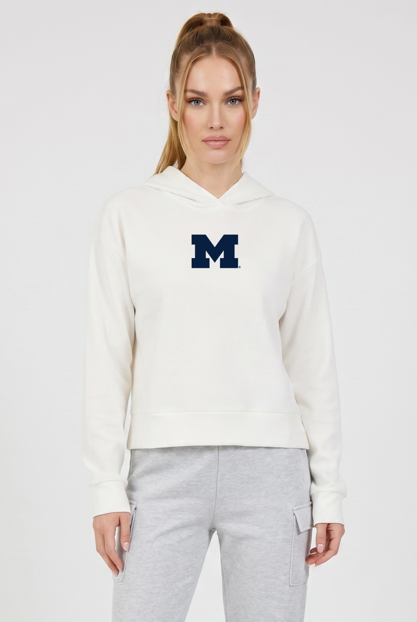 Michigan Kadi Relaxed Fit Waffle Hoodie, Coconut Cream – waffle knit texture, breathable relaxed fit, front view