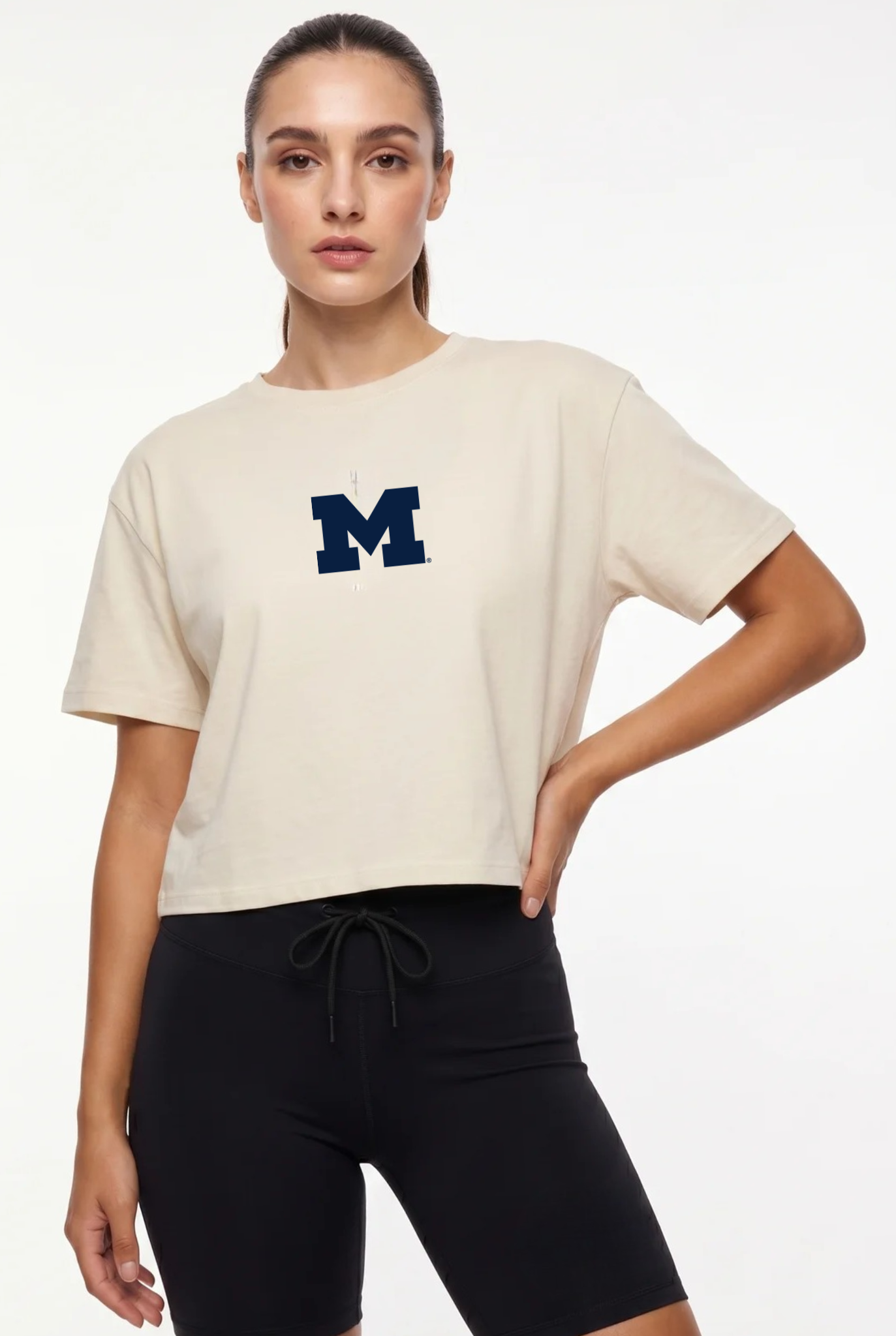 Michigan Kadi Turnout Tee, Bone colorway – modern fit tee, styled view