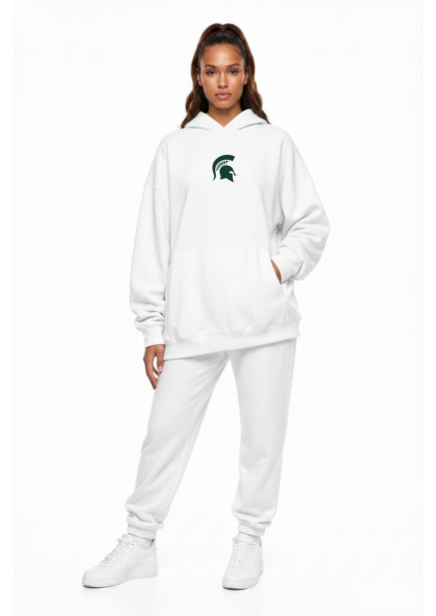 Michigan State Kadi Oversized Zipper Pocket Hoodie, White colorway – oversized fit with two functional front zipper pockets