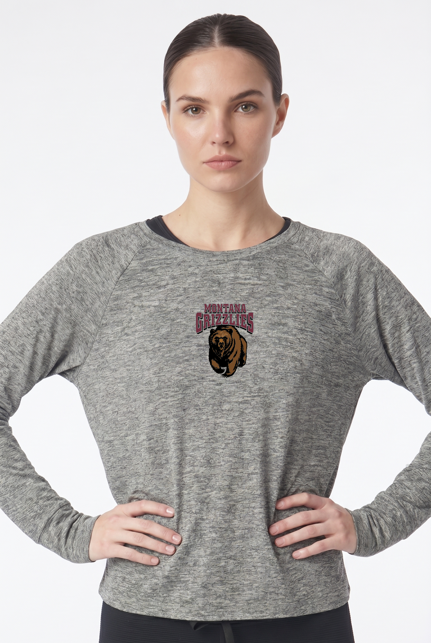 Montana Grizzlies Kadi Raglan Long Sleeve, Heather Grey – cropped raglan long sleeve with officially licensed team logo on upper chest, front view