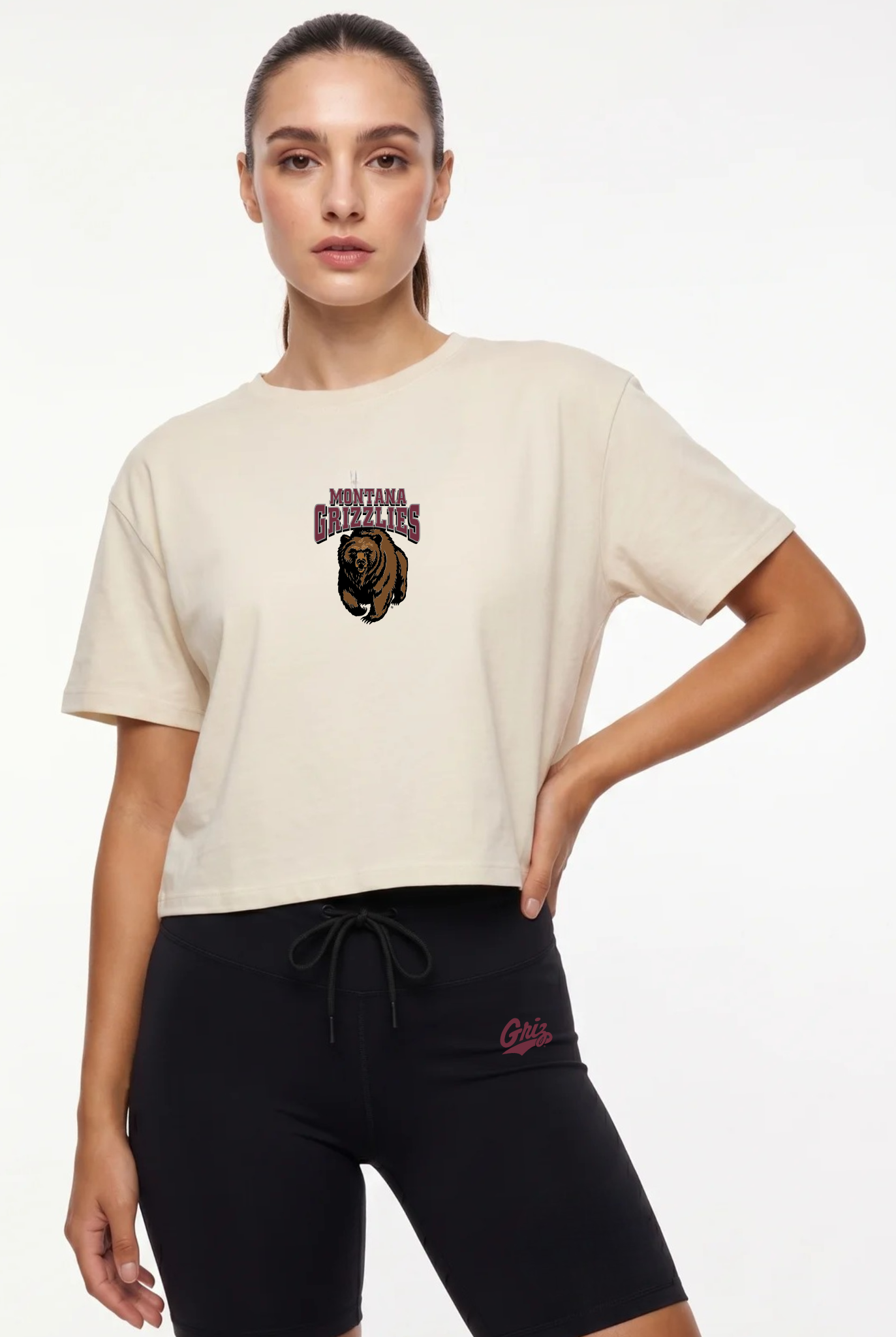 Montana Grizzlies Kadi Turnout Tee, Bone colorway – officially licensed team logo front and center, front view