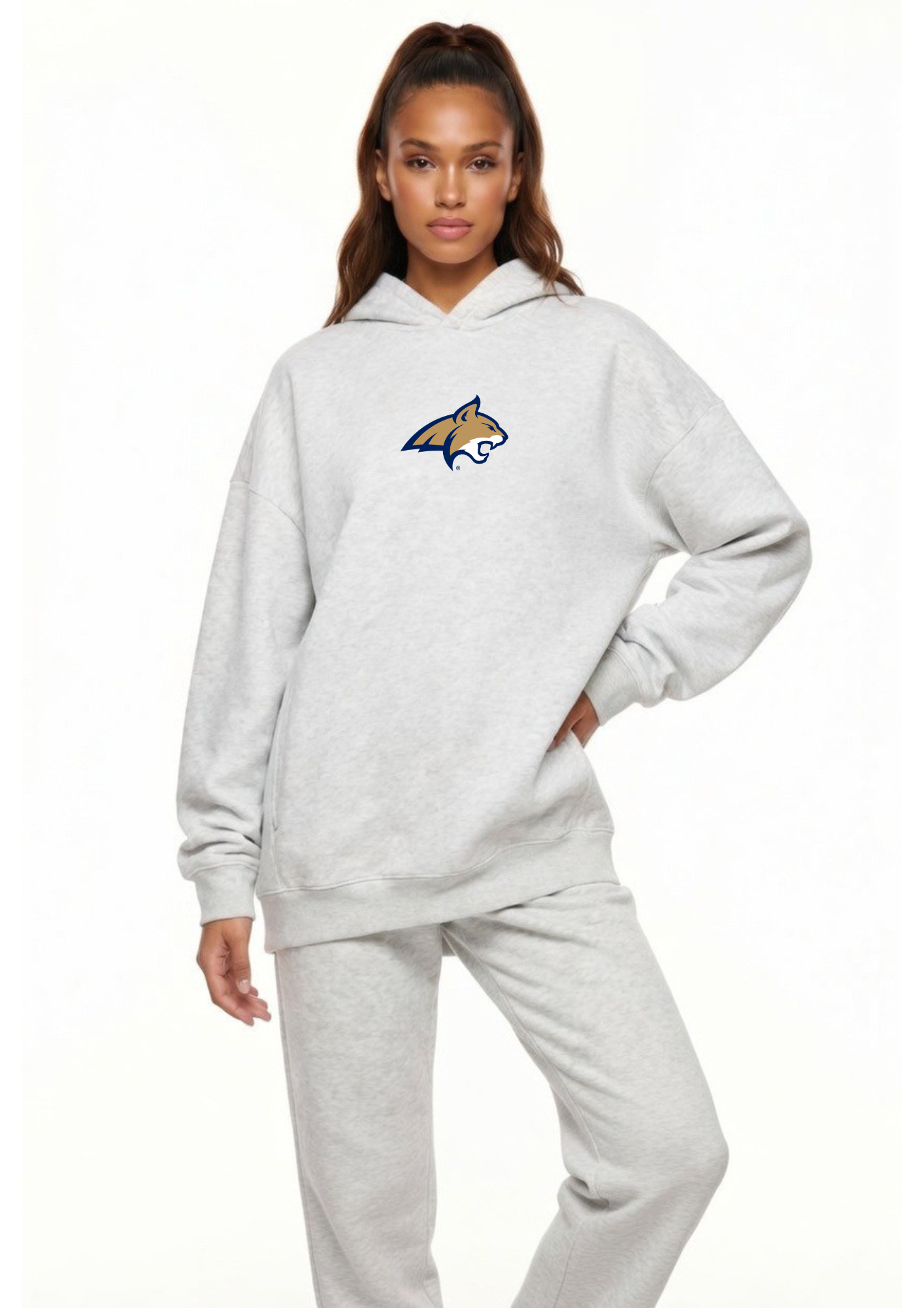 Montana State Kadi Oversized Zipper Pocket Hoodie, Athletic Heather Grey colorway – styled view