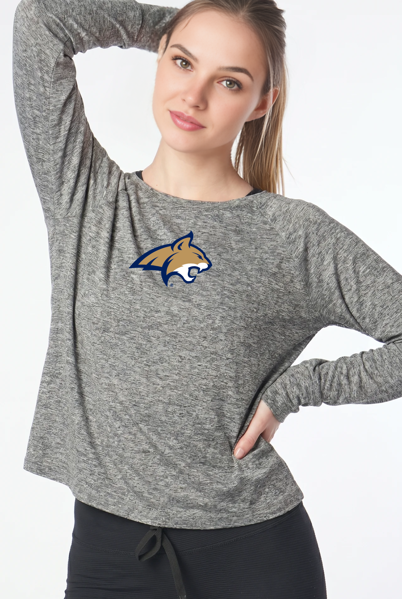 Montana State Kadi Raglan Long Sleeve, Heather Grey – cropped raglan long sleeve with officially licensed team logo on upper chest, front view