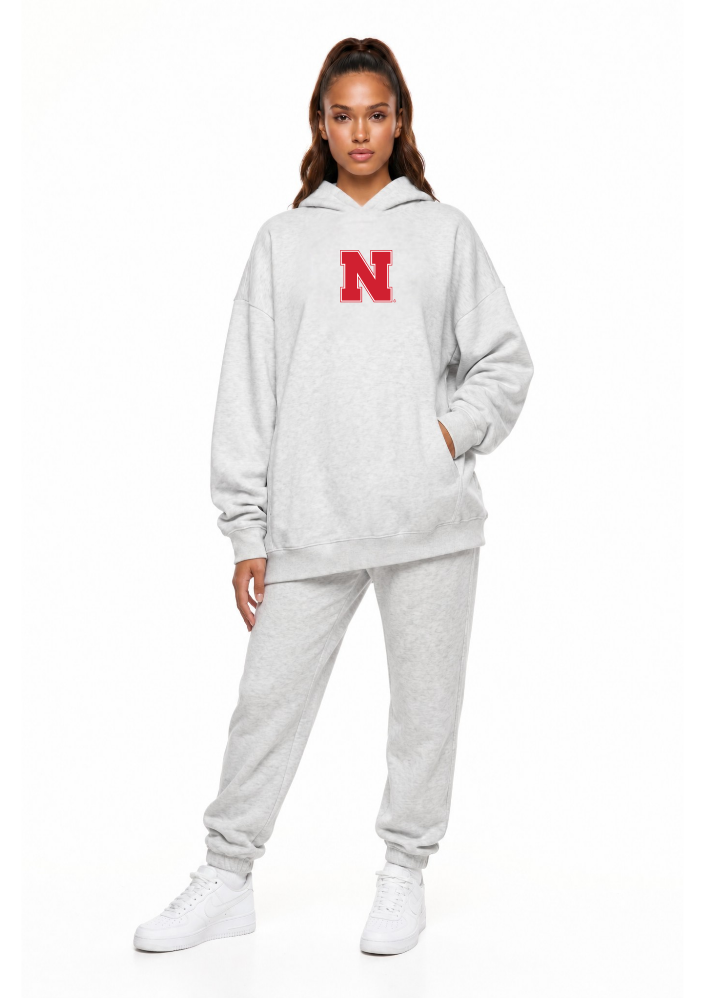 Nebraska Kadi Oversized Zipper Pocket Hoodie, Athletic Heather Grey colorway