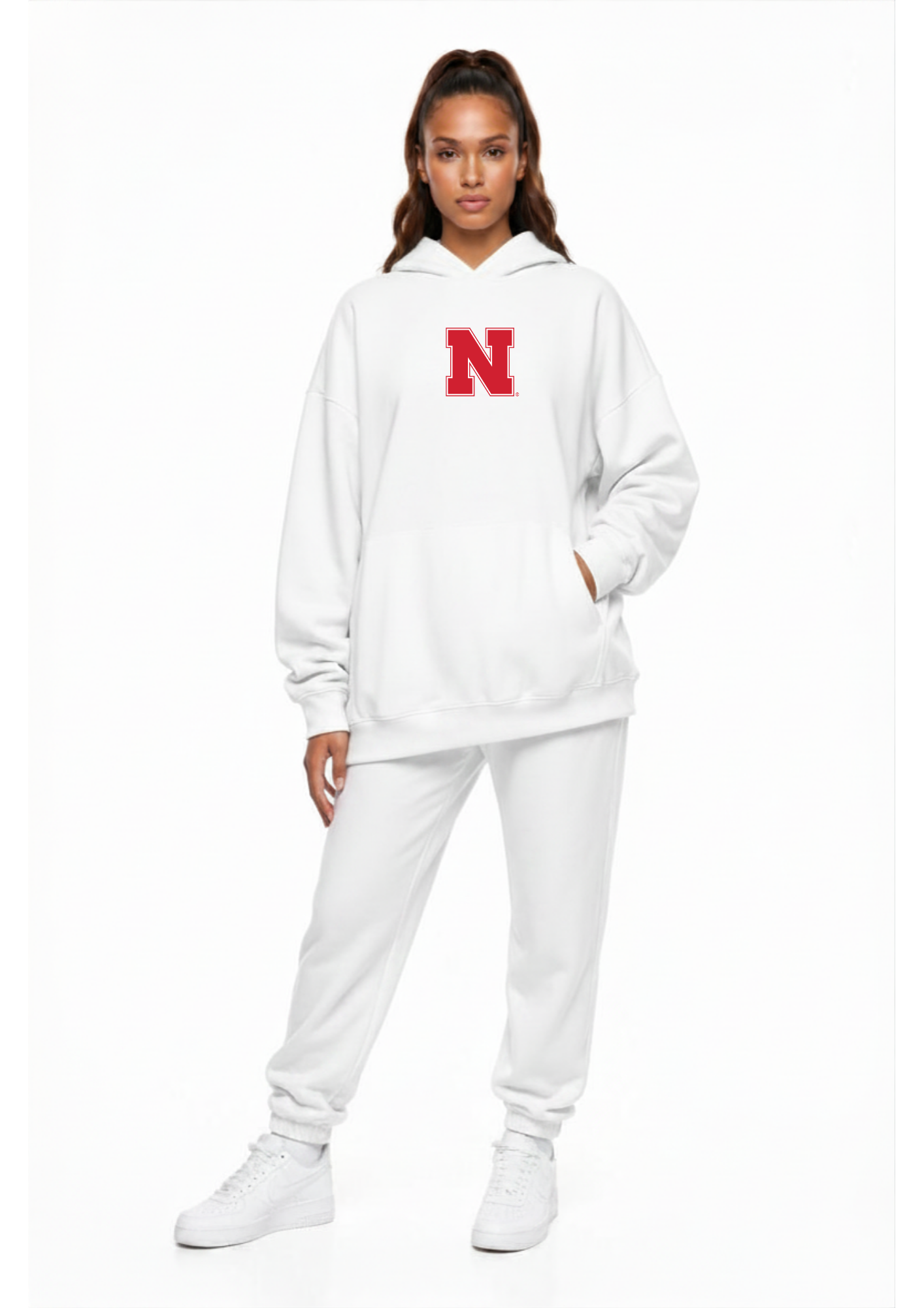 Nebraska Kadi Oversized Zipper Pocket Hoodie, White colorway – oversized fit with two functional front zipper pockets