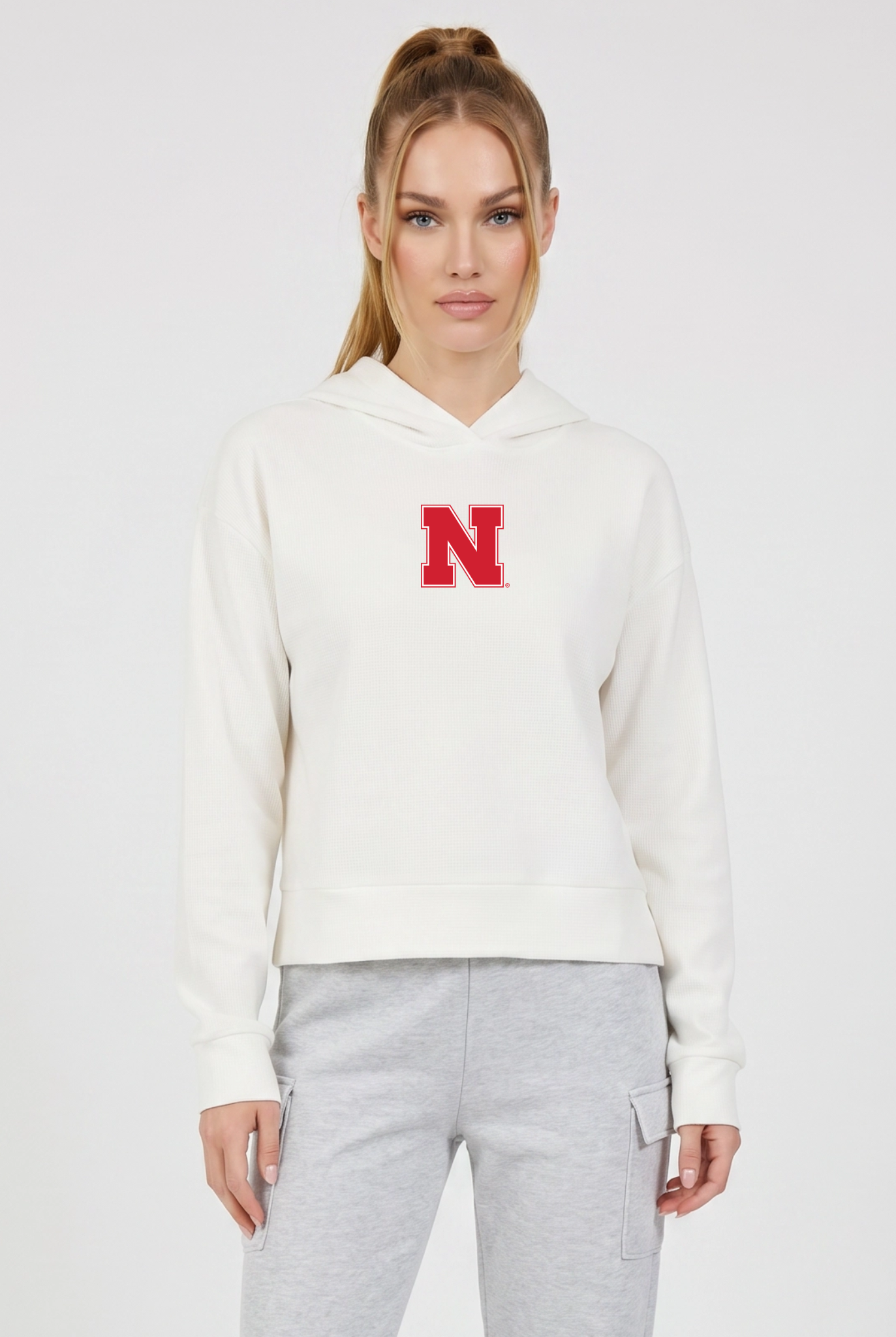 Nebraska Kadi Relaxed Fit Waffle Hoodie, Coconut Cream – waffle knit texture, breathable relaxed fit, front view