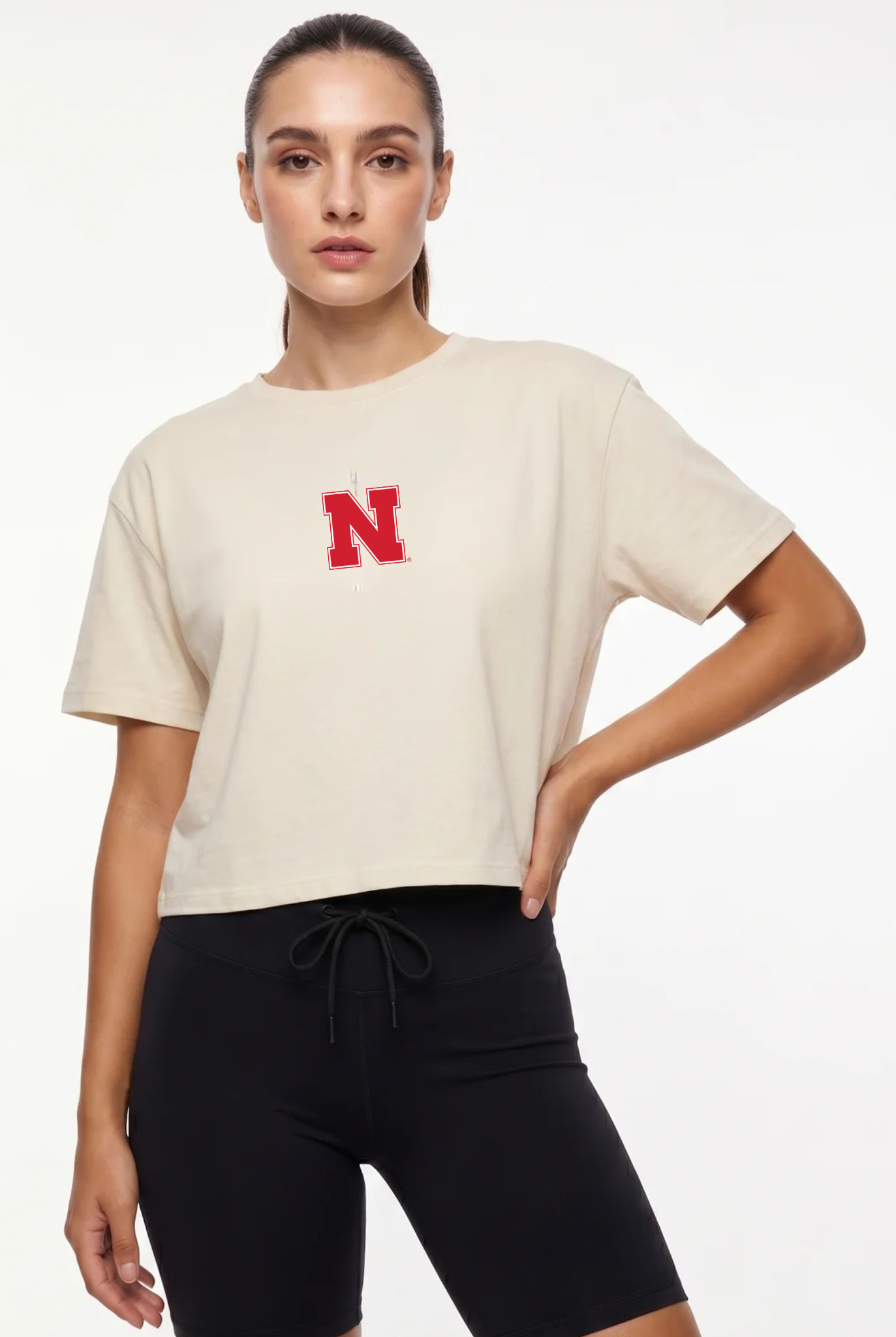 Nebraska Kadi Turnout Tee, Bone colorway – modern fit tee, styled view