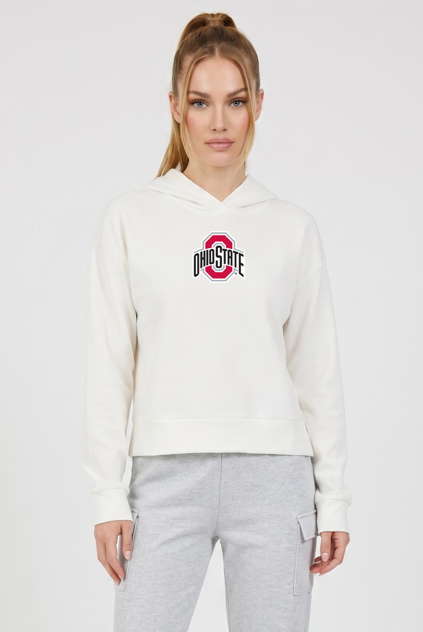 Ohio State Kadi Relaxed Fit Waffle Hoodie, Coconut Cream – waffle knit texture, breathable relaxed fit, front view