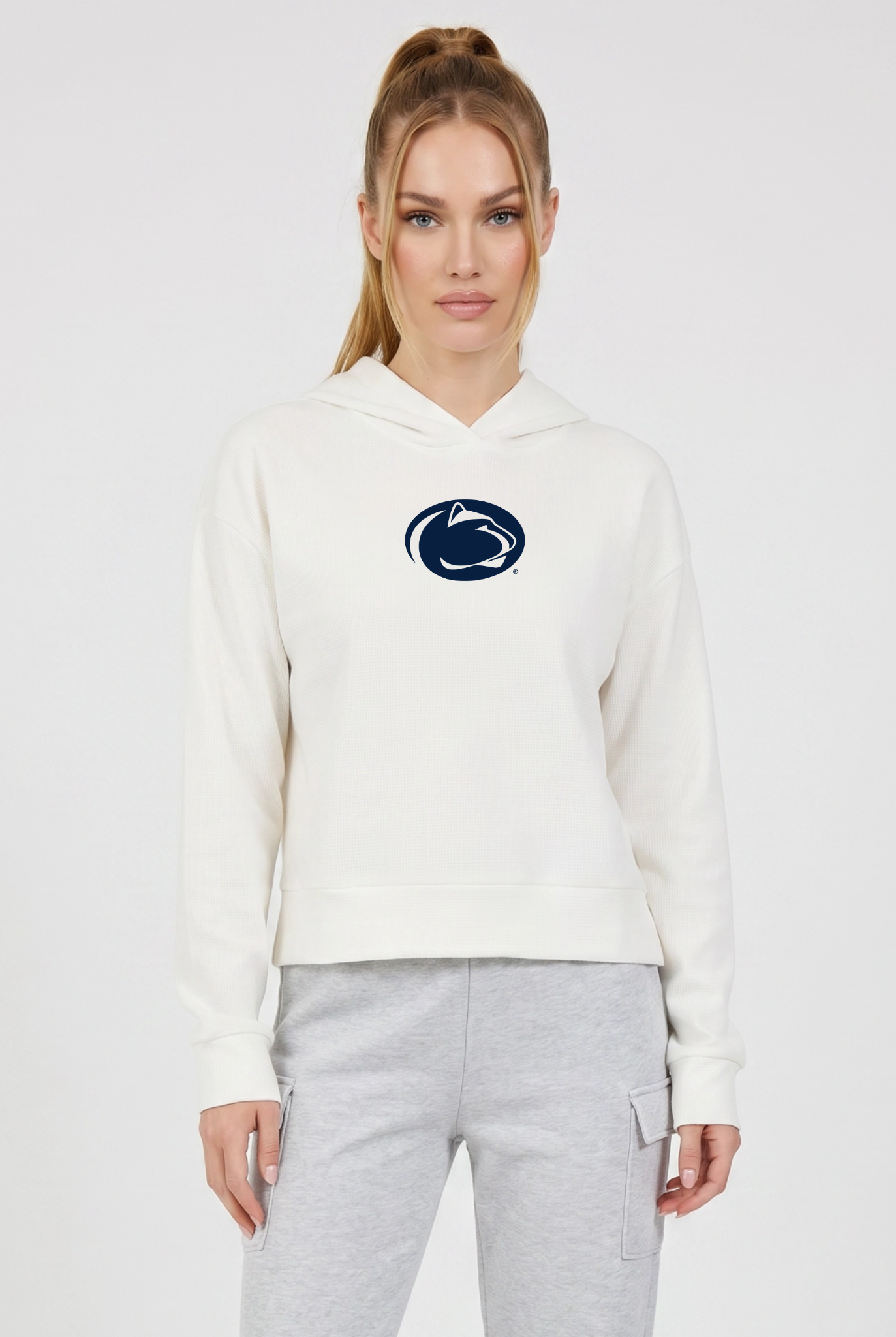 Penn State Kadi Relaxed Fit Waffle Hoodie, Coconut Cream – waffle knit texture, breathable relaxed fit, front view