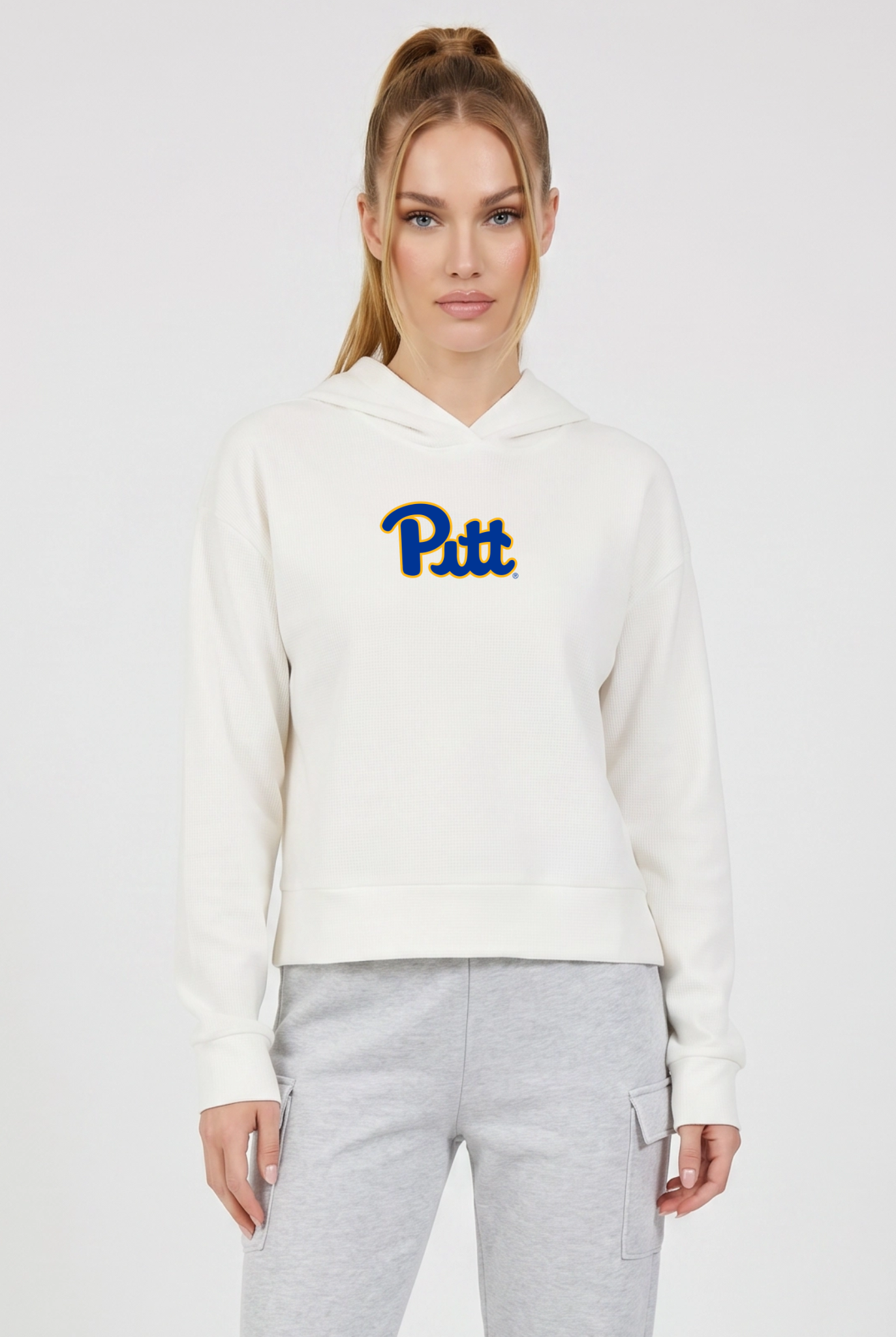 Pittsburgh Kadi Relaxed Fit Waffle Hoodie, Coconut Cream – waffle knit texture, breathable relaxed fit, front view