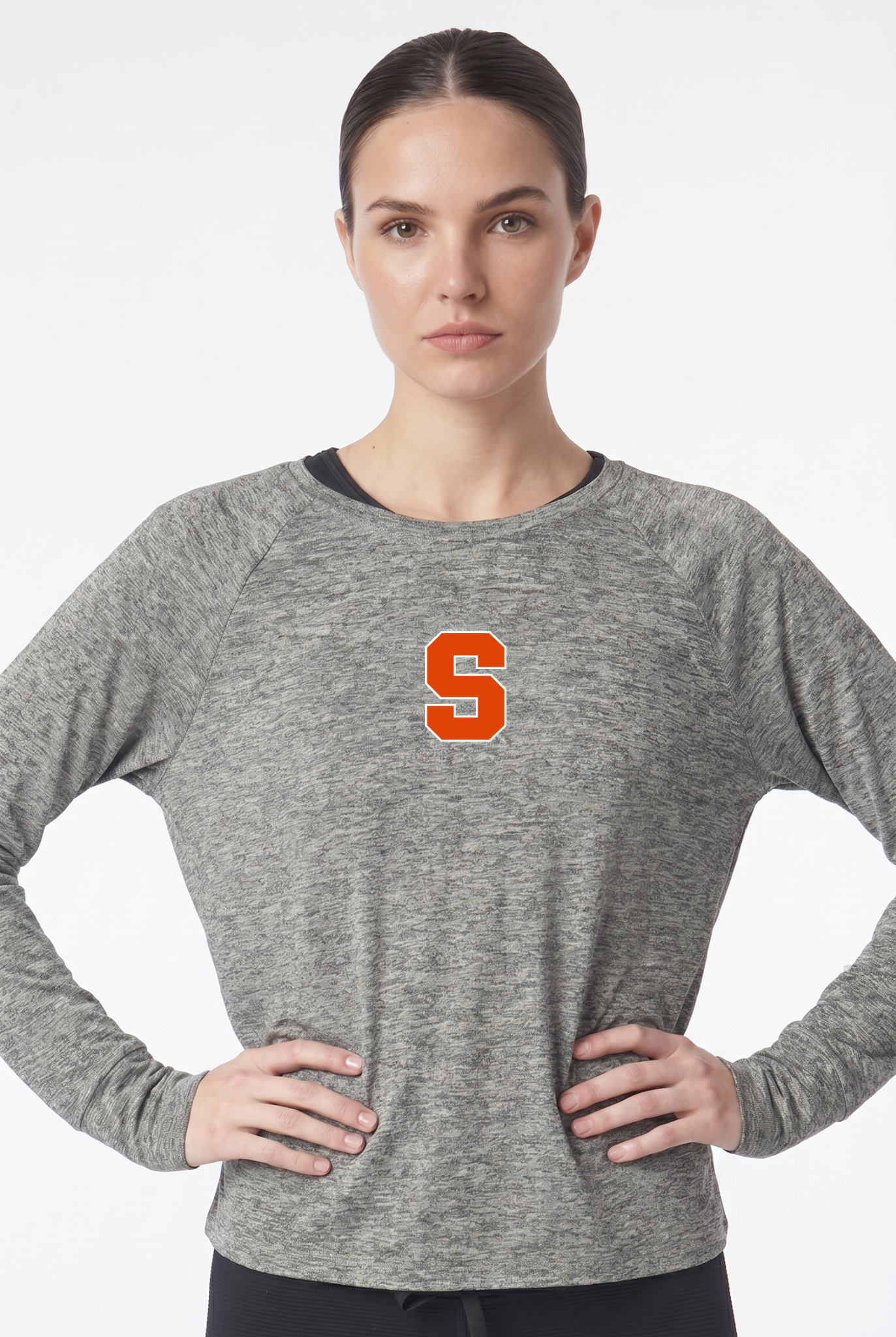 Syracuse Kadi Raglan Long Sleeve, Heather Grey – styled view