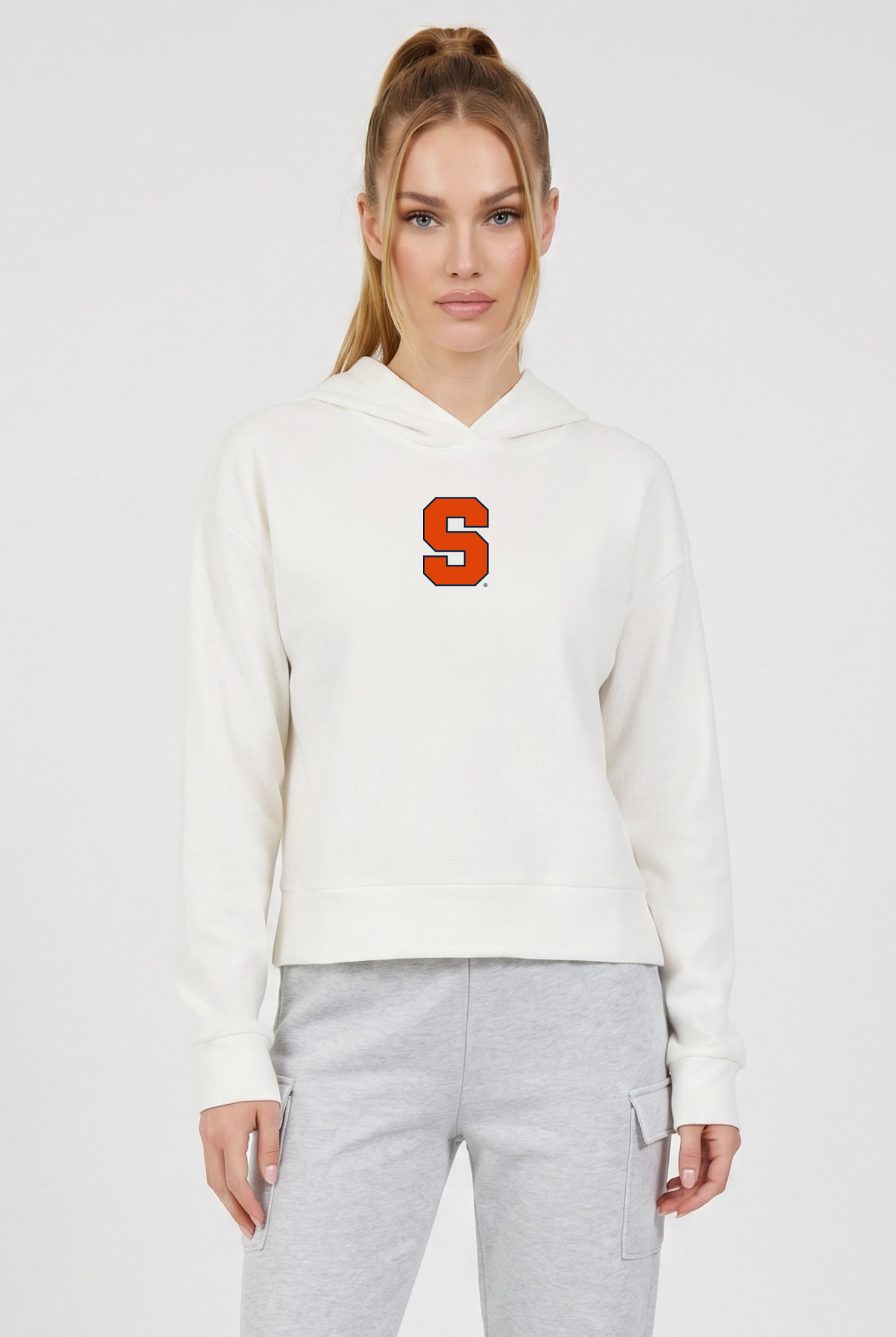 Syracuse Kadi Relaxed Fit Waffle Hoodie, Coconut Cream – waffle knit texture, breathable relaxed fit, front view