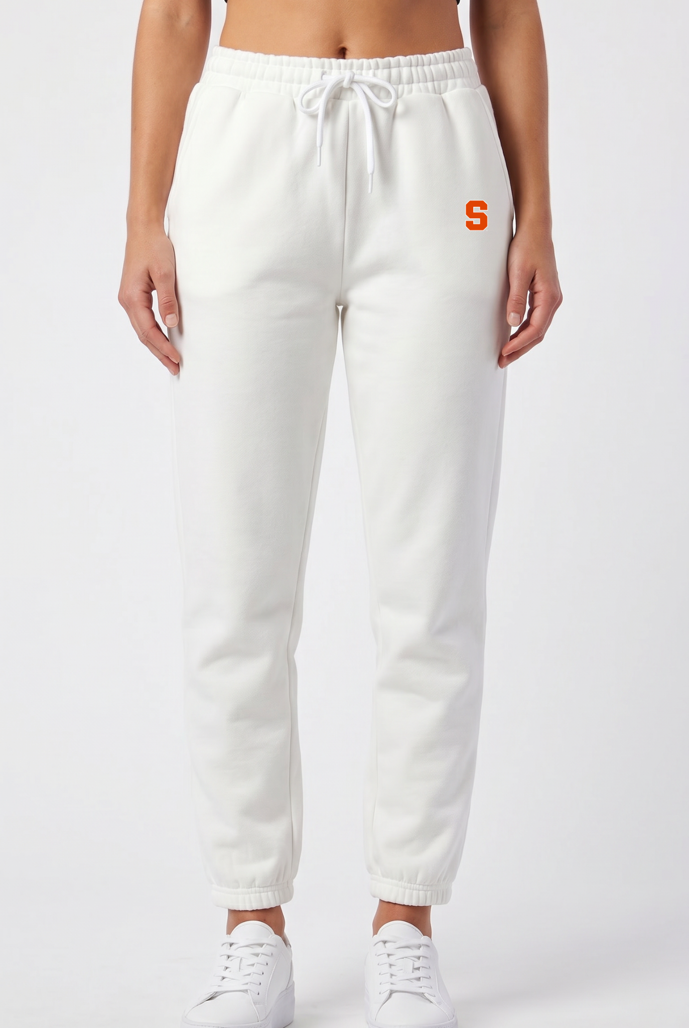 Syracuse Kadi Side Pocket Jogger, White colorway – ankle length elasticated hem, styled view