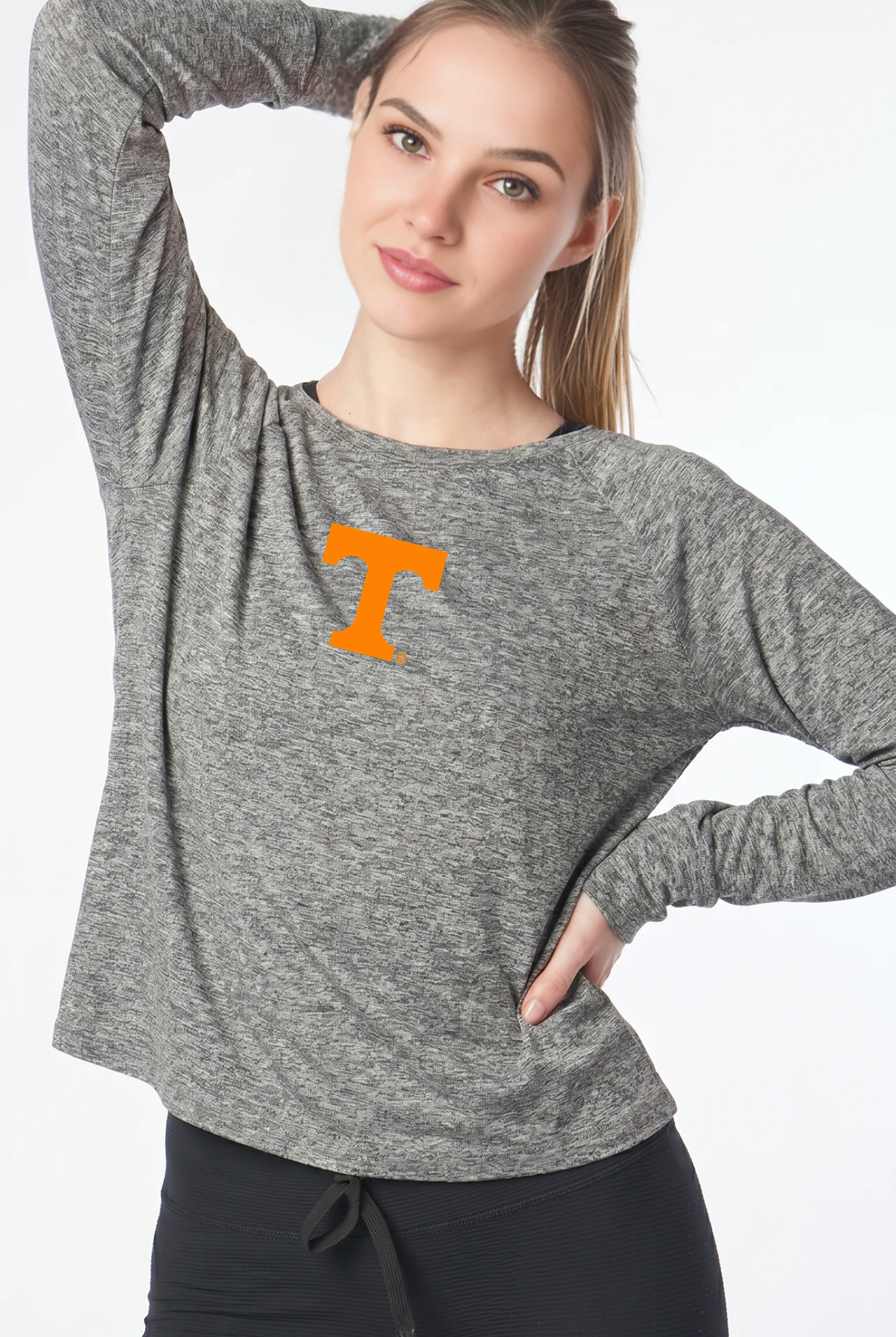 Tennessee Kadi Raglan Long Sleeve, Heather Grey – cropped raglan long sleeve with officially licensed team logo on upper chest, front view