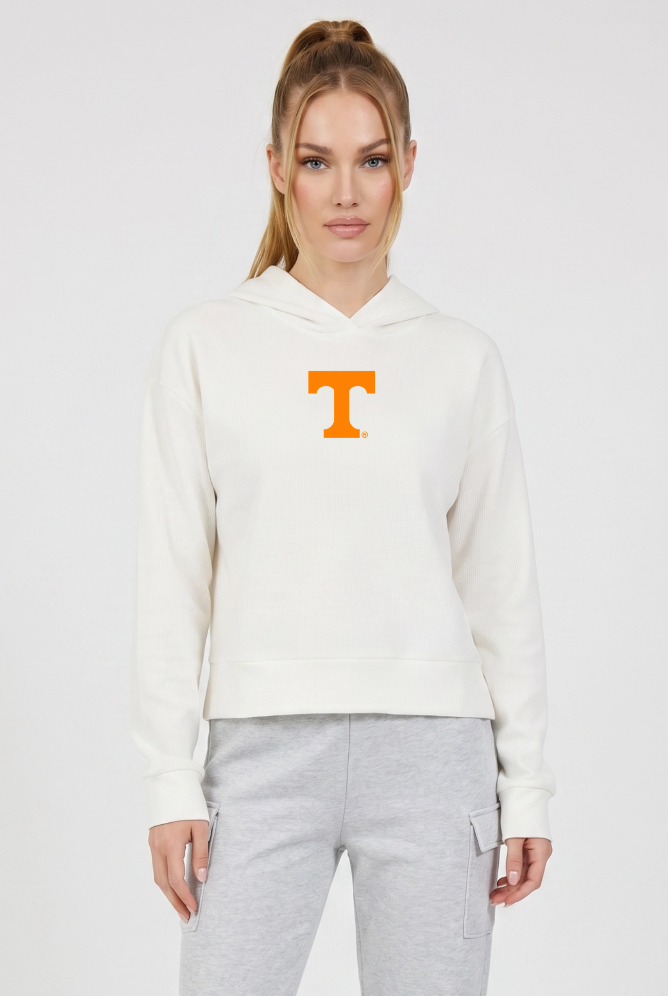 Tennessee Kadi Relaxed Fit Waffle Hoodie, Coconut Cream – waffle knit texture, breathable relaxed fit, front view