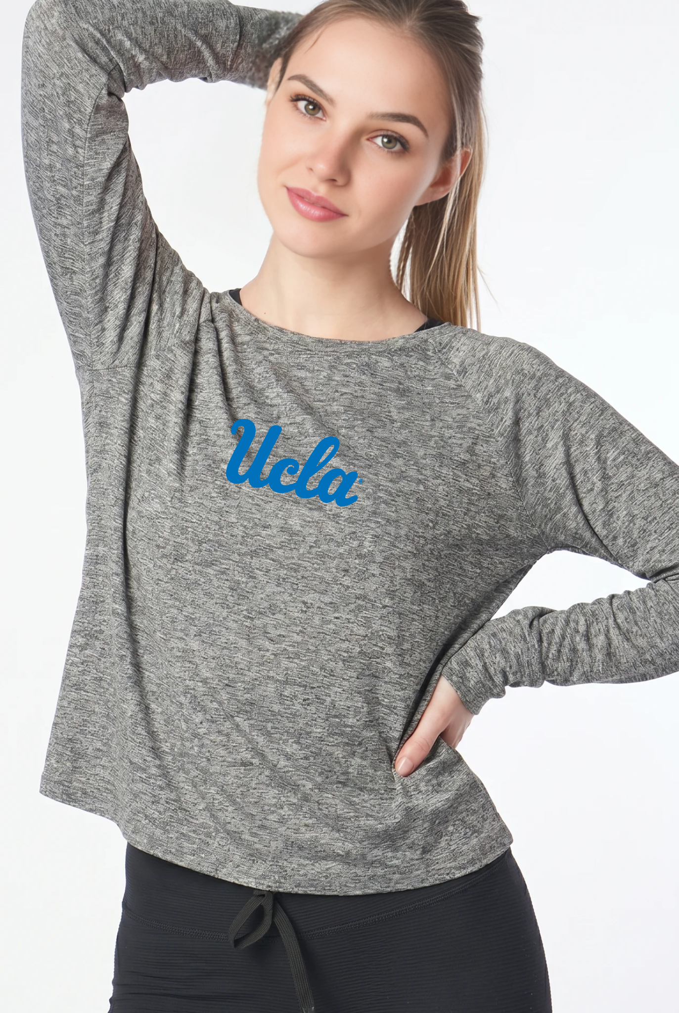 UCLA Kadi Raglan Long Sleeve, Heather Grey – cropped raglan long sleeve with officially licensed team logo on upper chest, front view