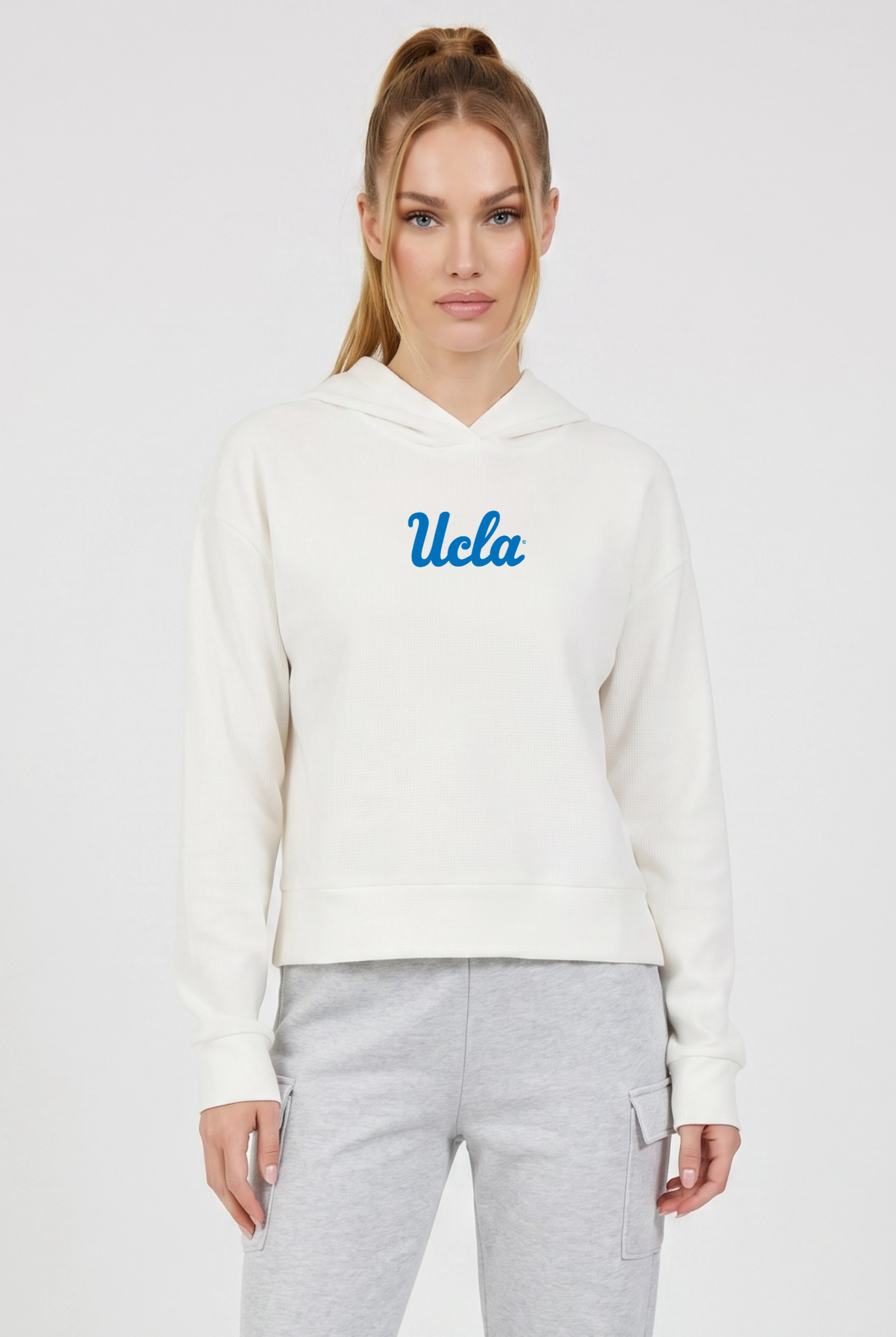 UCLA Kadi Relaxed Fit Waffle Hoodie, Coconut Cream – waffle knit texture, breathable relaxed fit, front view