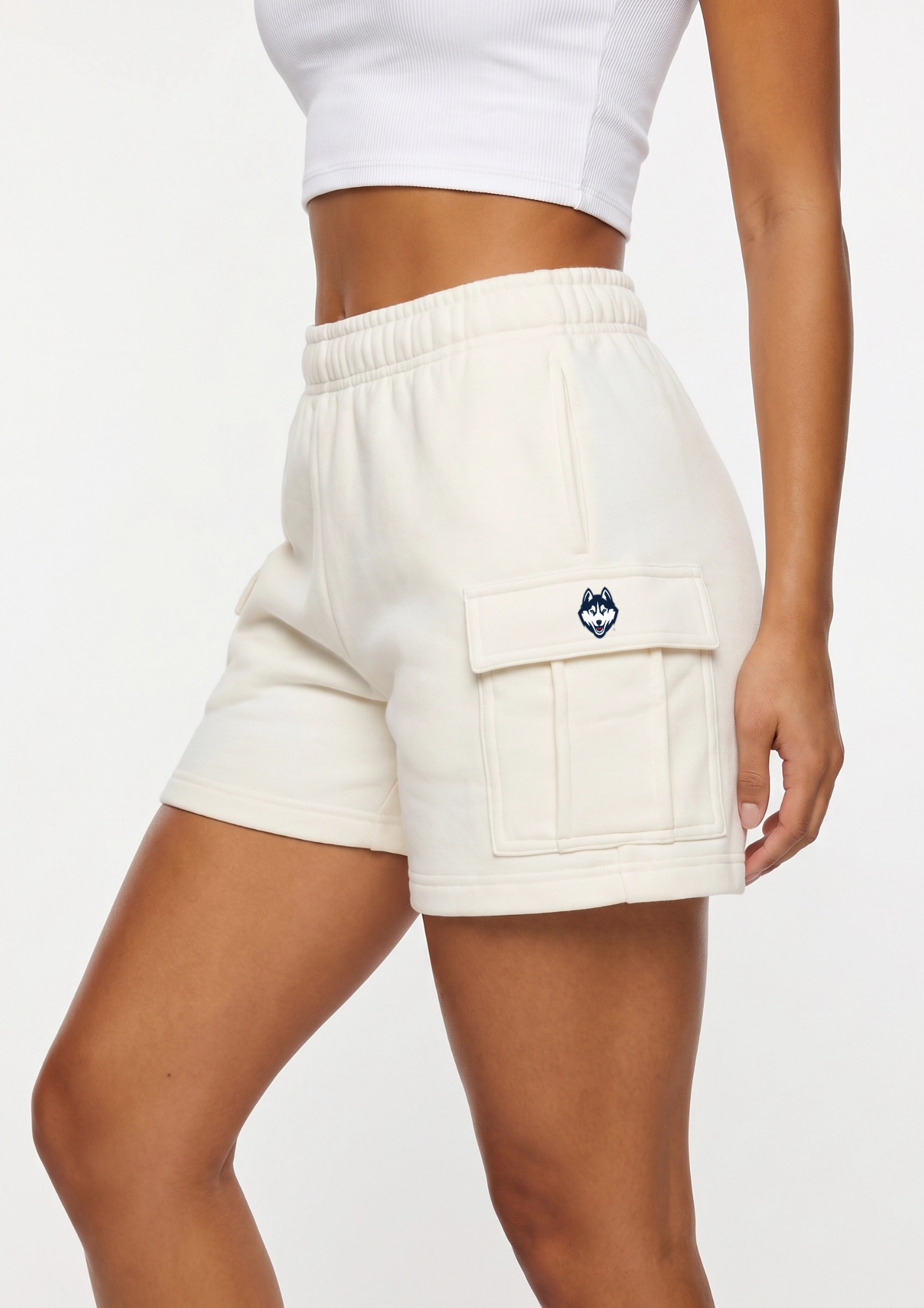 UConn Kadi Cargo Fleece Shorts, Bone colorway – front view