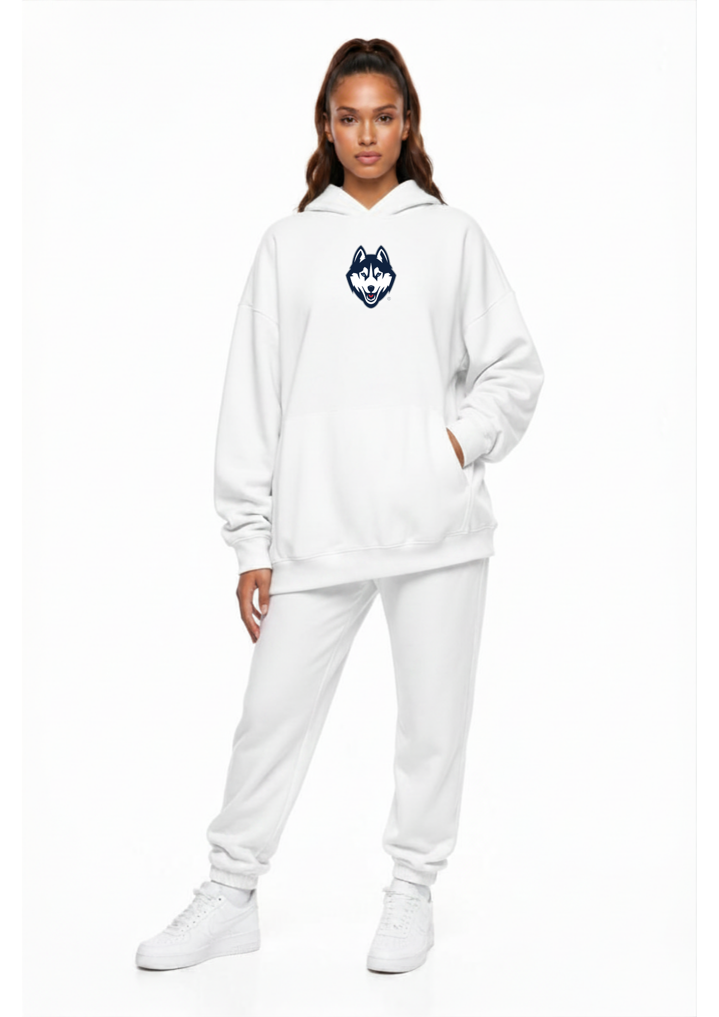 UConn Kadi Oversized Zipper Pocket Hoodie, White colorway – oversized fit with two functional front zipper pockets
