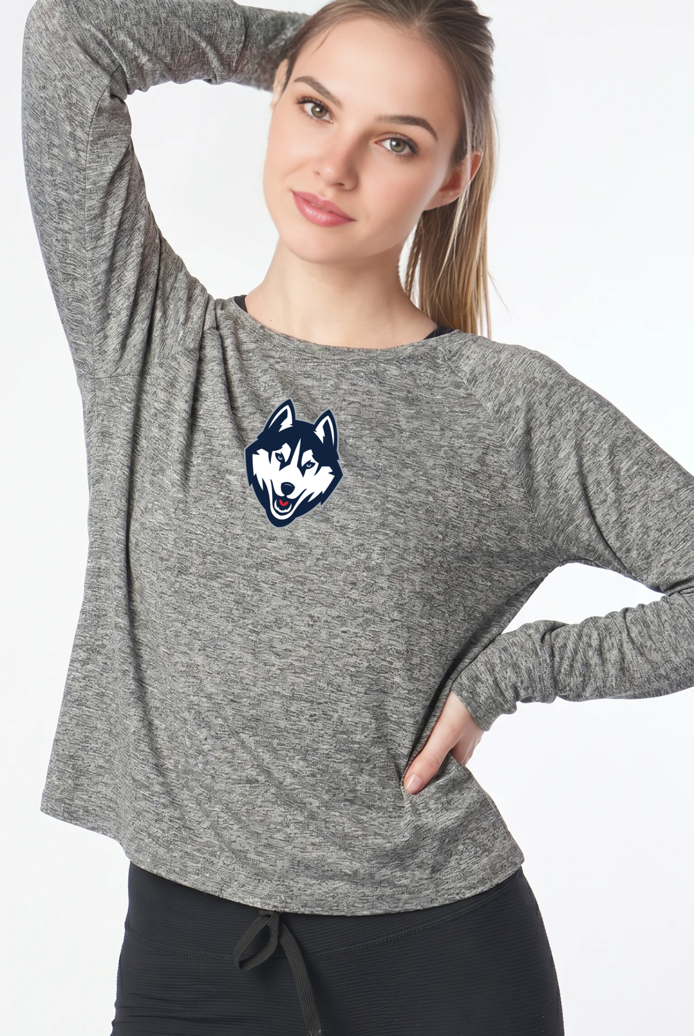 UConn Kadi Raglan Long Sleeve, Heather Grey – cropped raglan long sleeve with officially licensed team logo on upper chest, front view