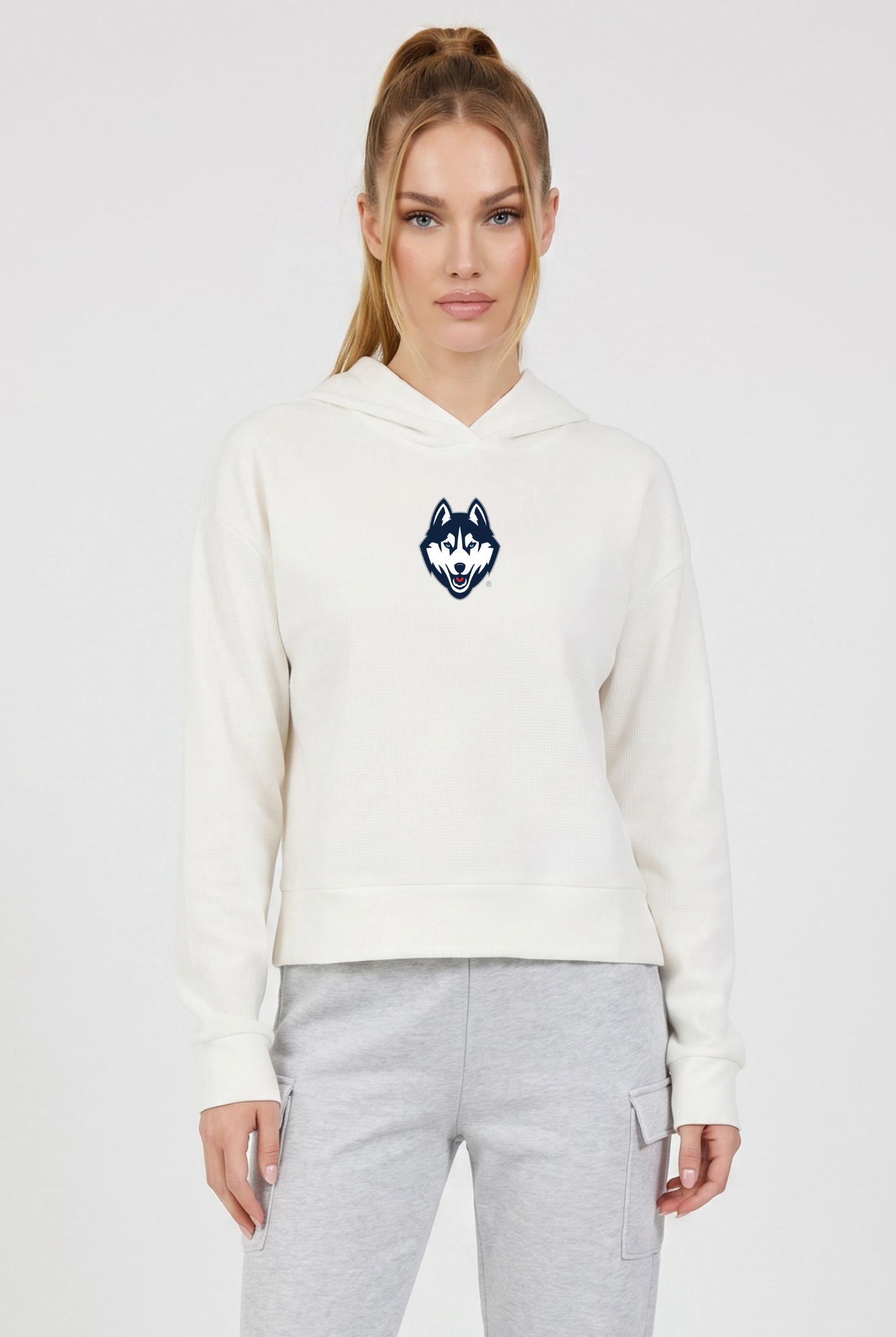 UConn Kadi Relaxed Fit Waffle Hoodie, Coconut Cream – waffle knit texture, breathable relaxed fit, front view